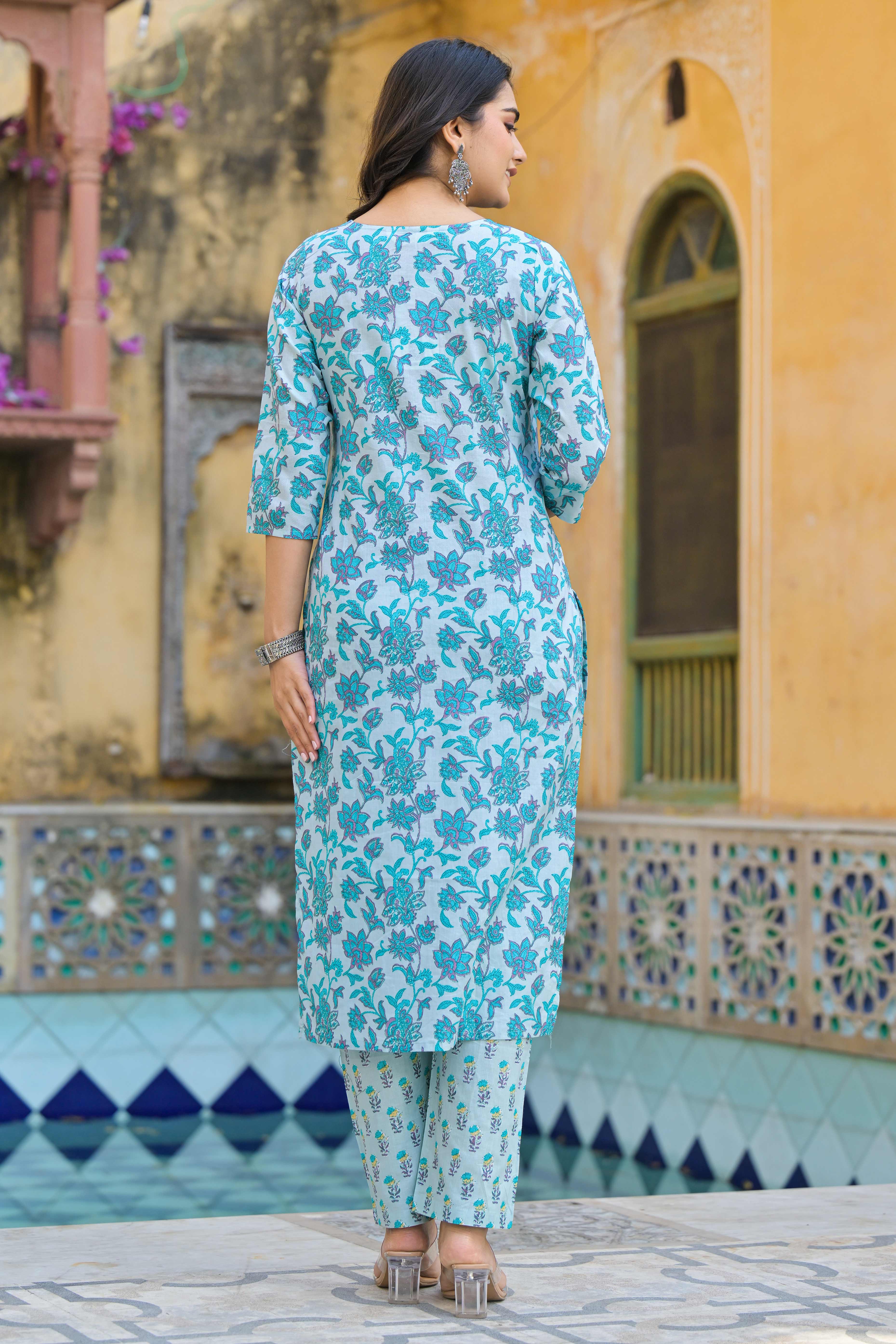 Turquoise Floral Printed Pure Cotton Straight Salwar Suit
