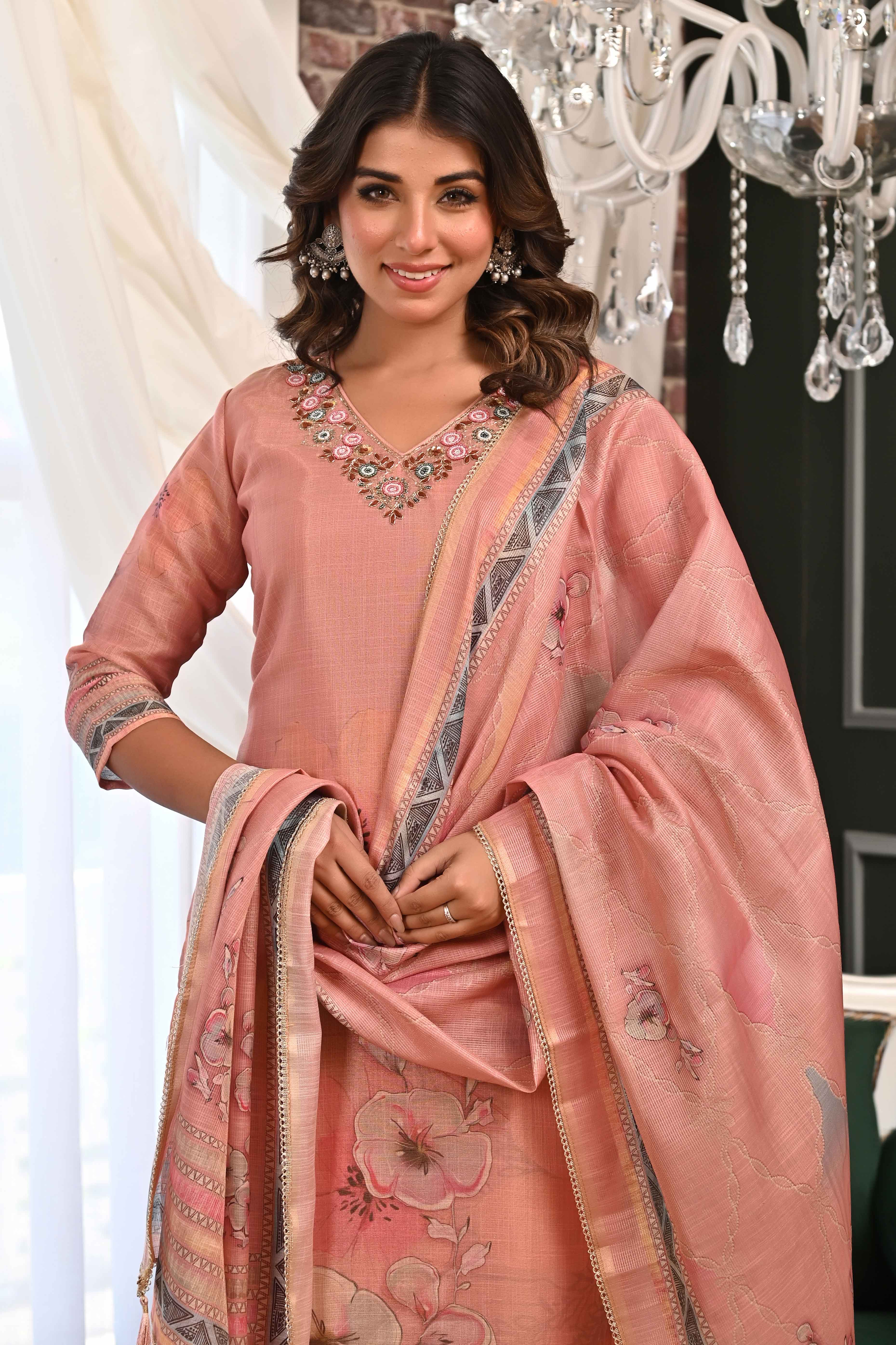 Elegant Dark Peach Linen Jacquard Salwar Suit with Floral Prints & Shimmer