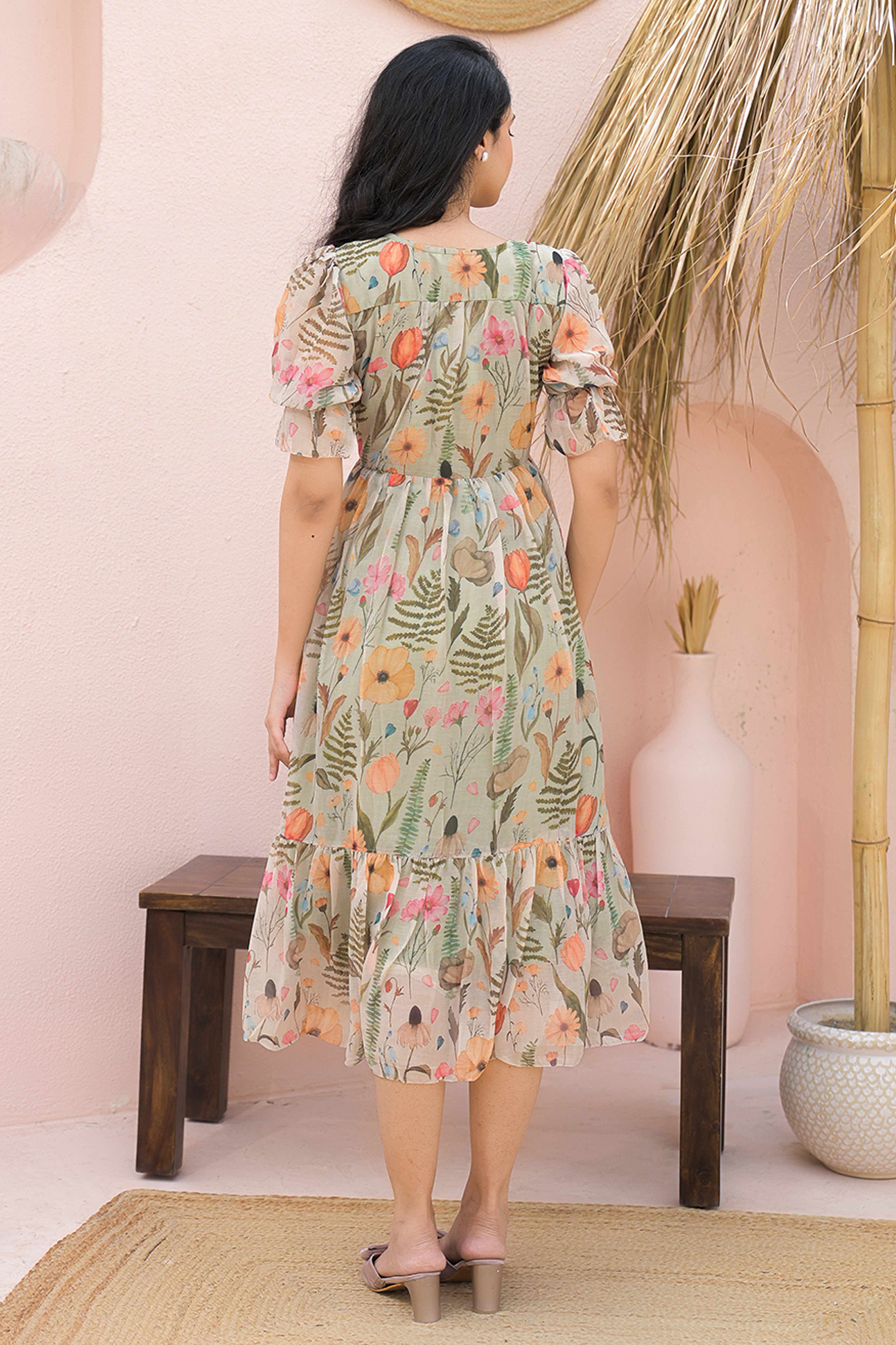 Romantic Pista Green Floral Print Maxi Dress in Sheer Chiffon