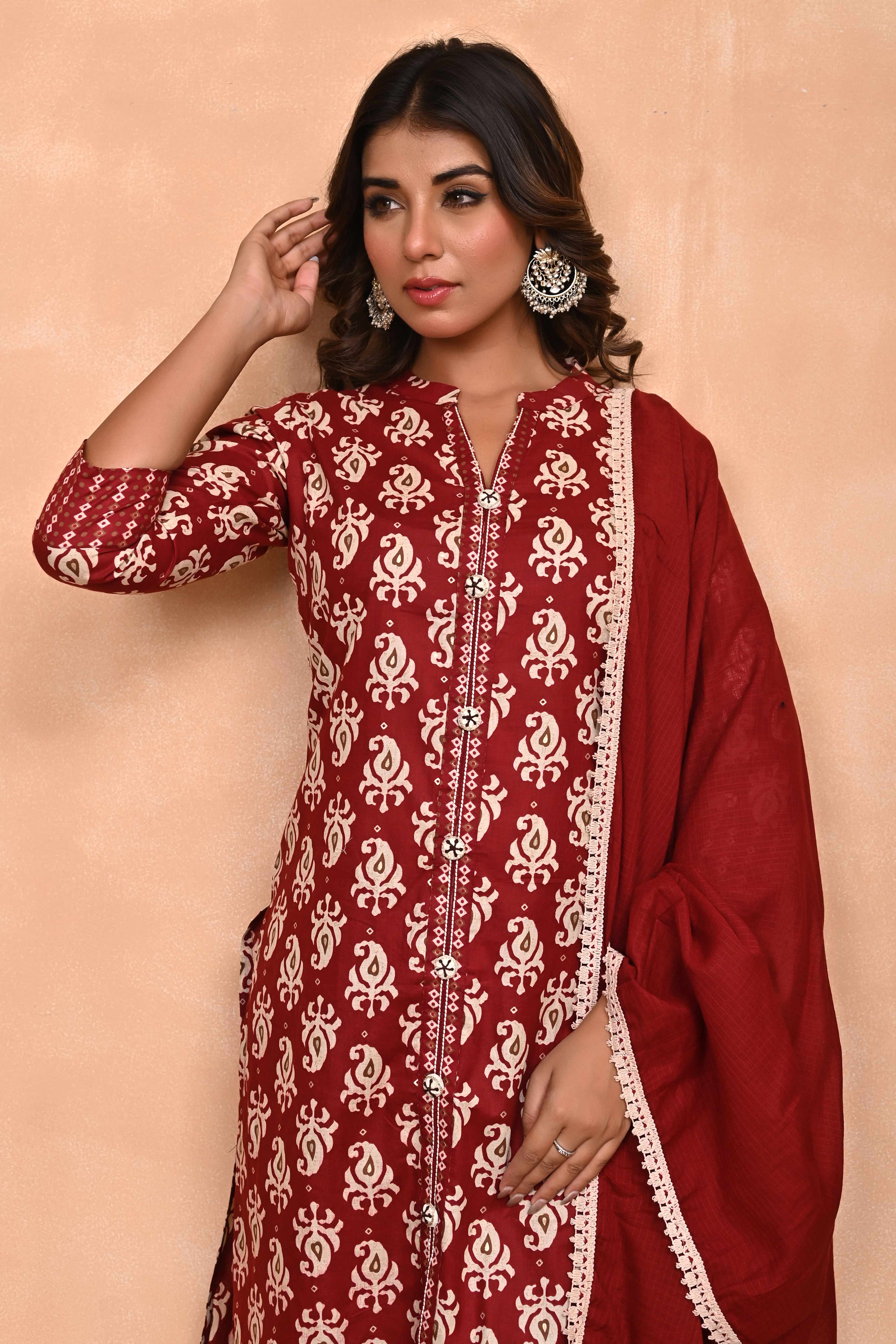 Maroon Floral Printed Salwar Suit in Pure Cotton with Modern Front Slit Styling