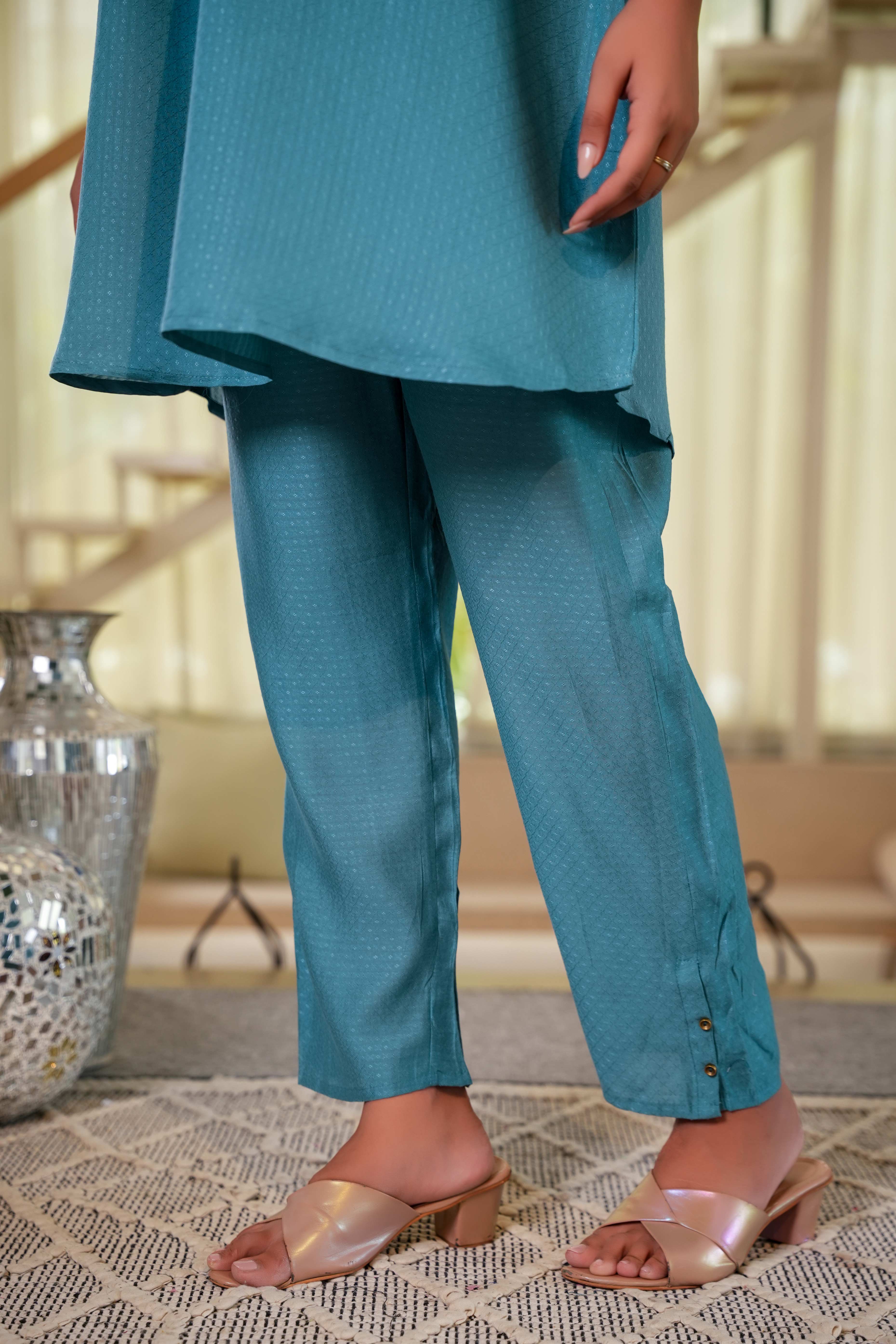 Sea Green Co-Ord Outfit in Viscose Fabric with Neck Embroidery Accent
