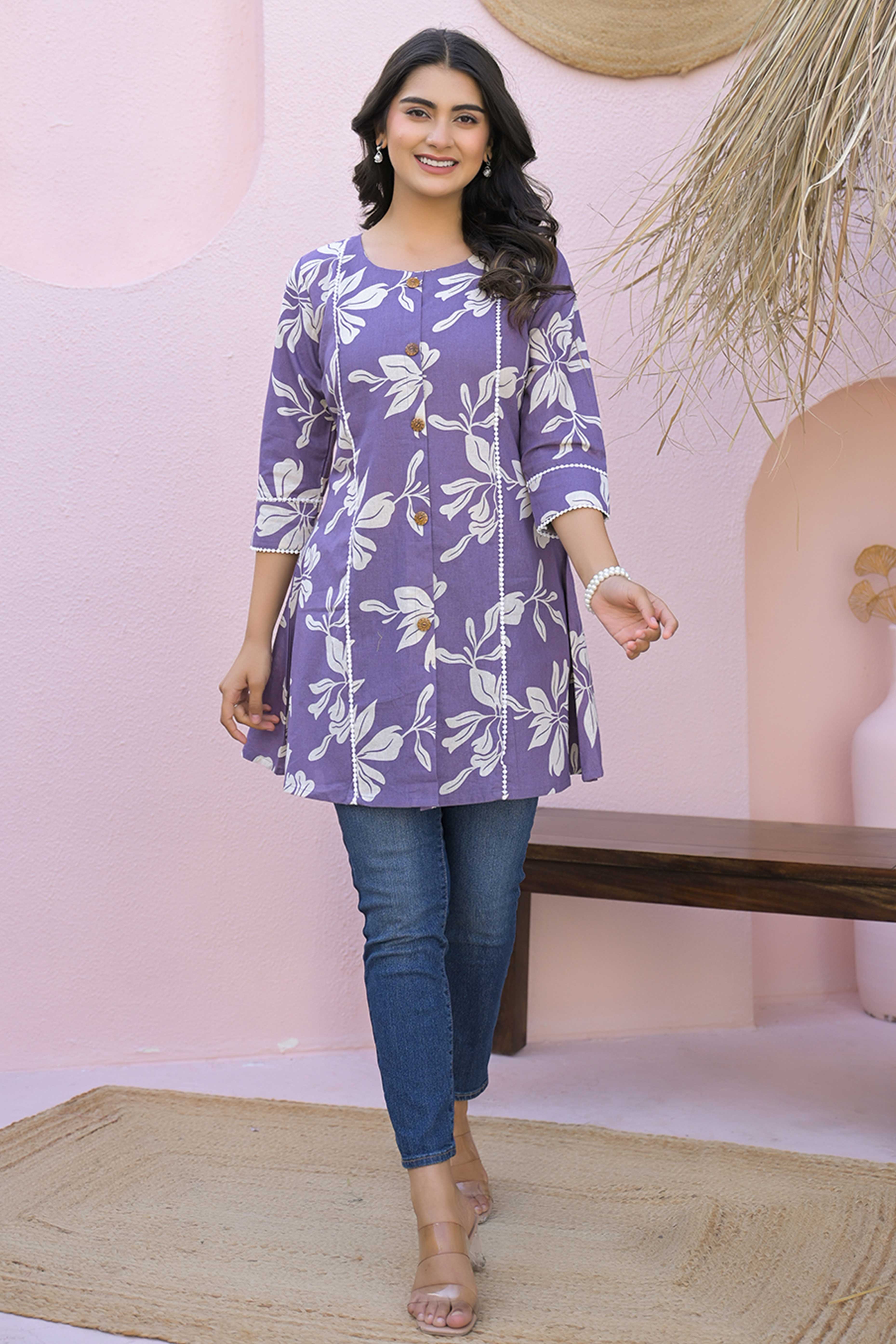 Purple Floral Printed Pure Cotton A-Line Top