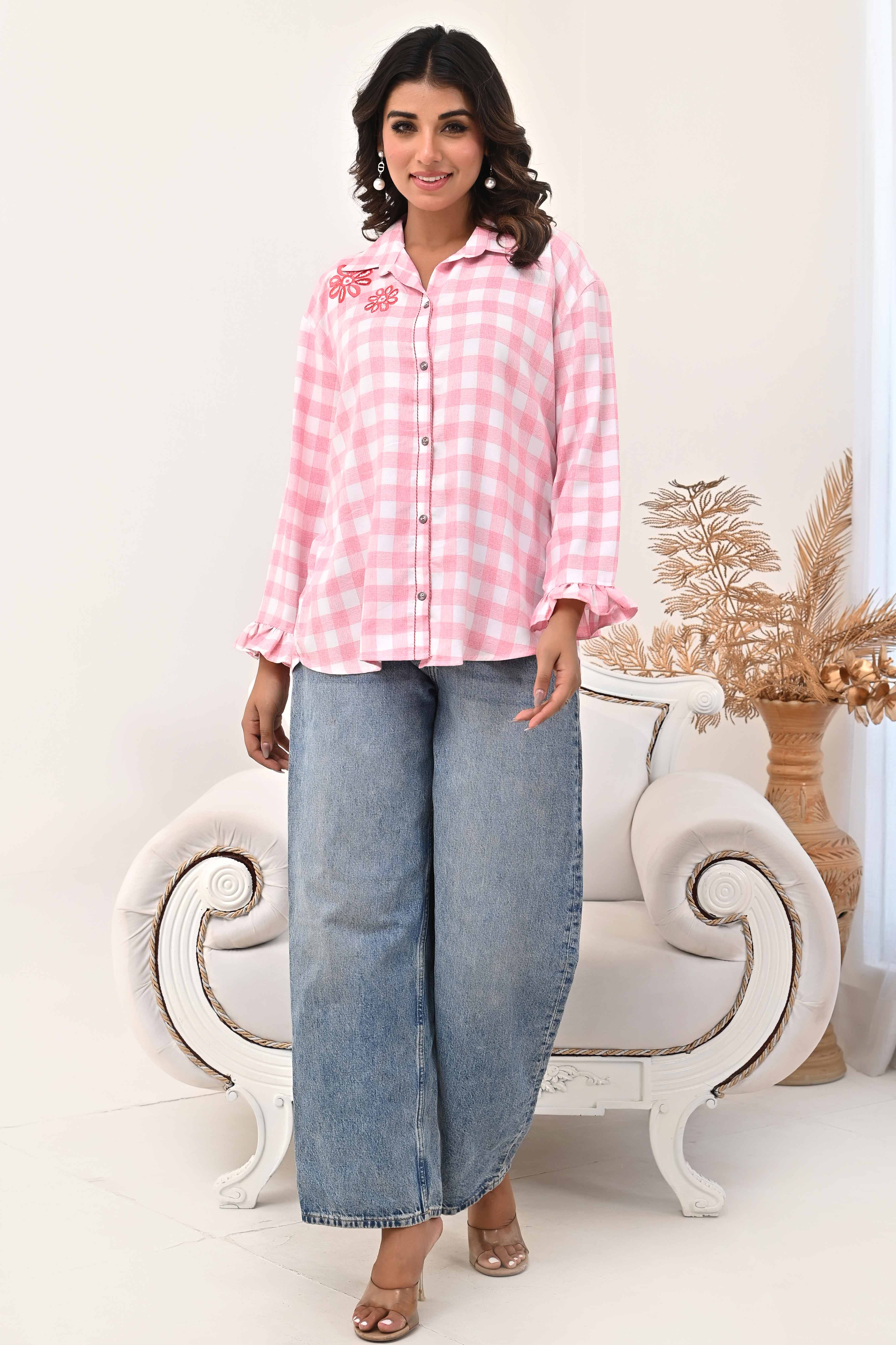 Pure Cotton Peach Top with All-Over Checks and Detailed Floral Embroidery