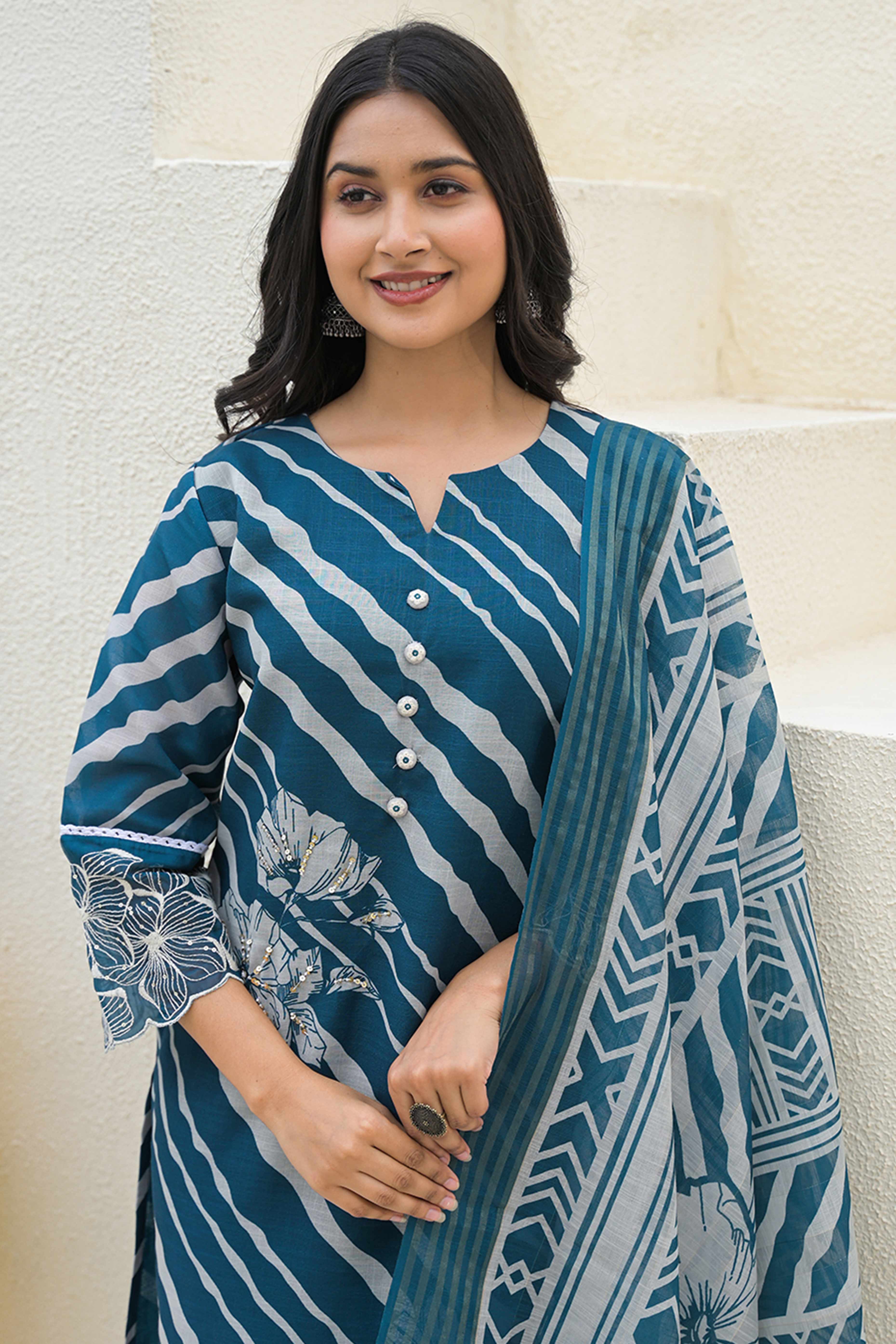 Modern Teal Linen Suit with Artistic Floral Print and Stone Accents