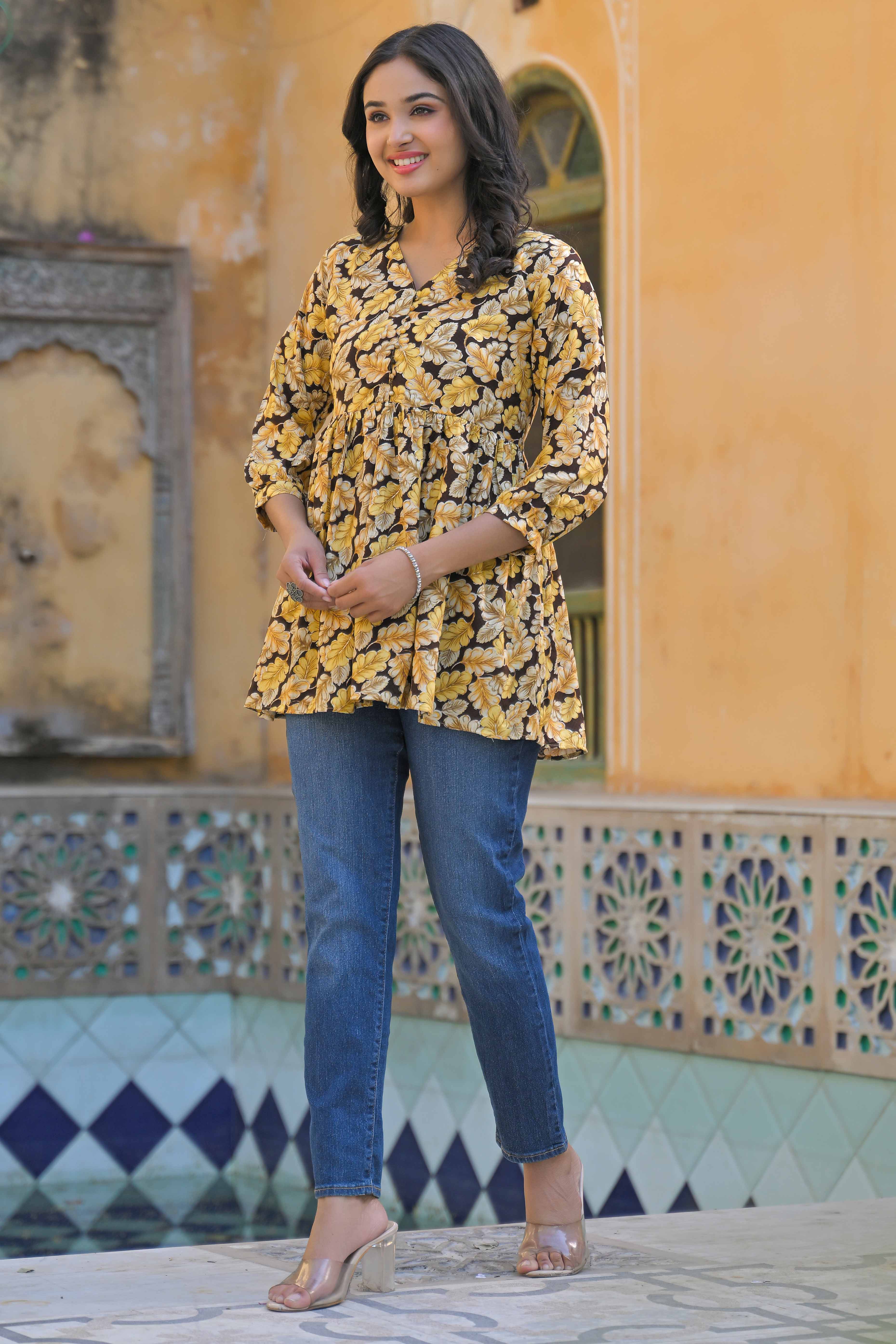 Brown Floral Printed Rayon A-Line Top