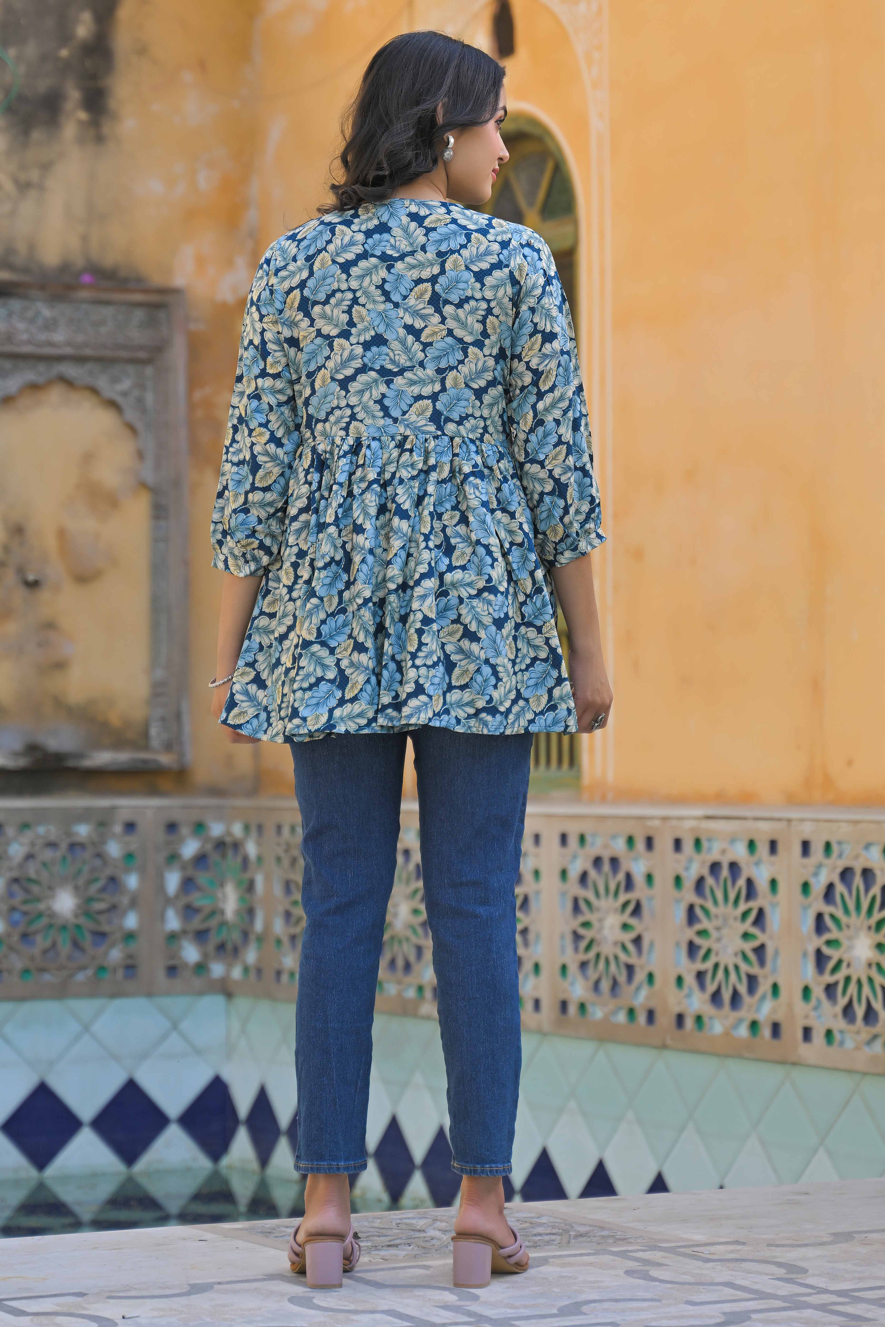 Turquoise Floral Printed Rayon A-Line Top