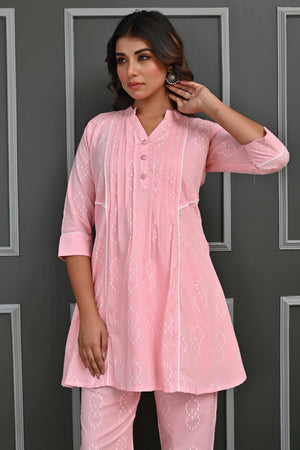 Light Pink A-Line Co-Ord Set In Pure Cotton with Delicate Sequin & Thread Embroidery