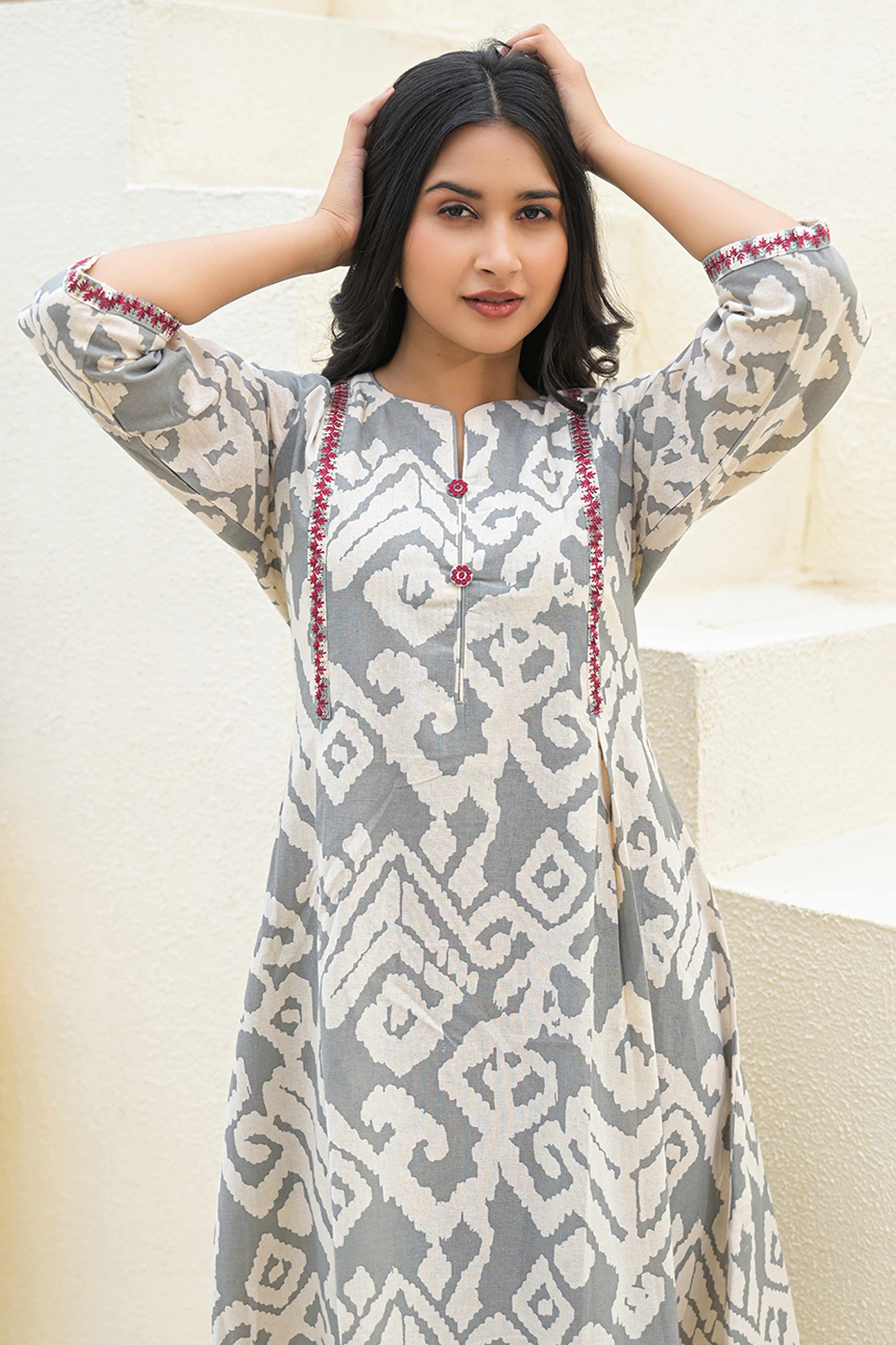 Pure Cotton Grey A-Line Kurti with Ethnic Ikkat Patterns