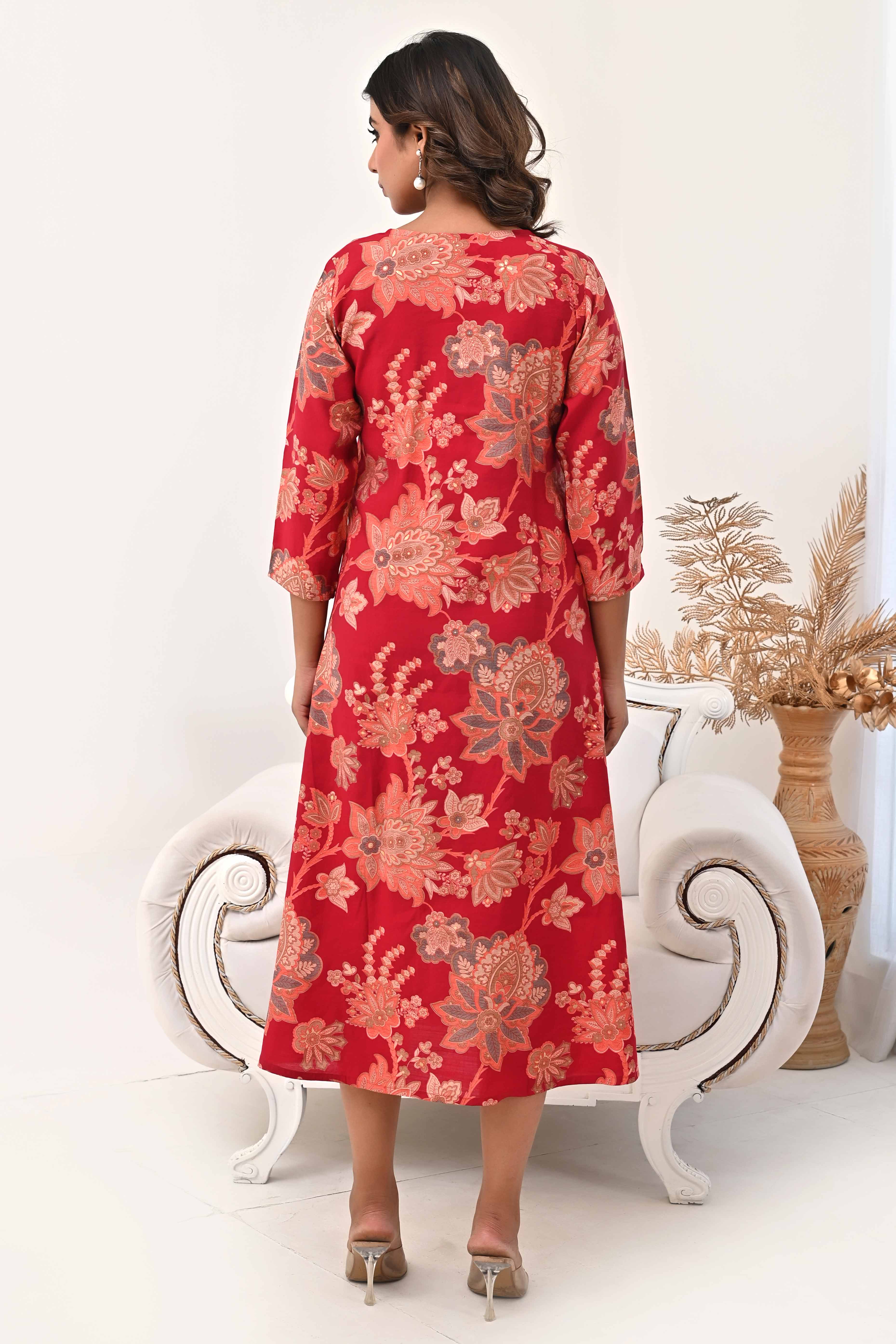 Red Chanderi Silk Kurti Dress with Artistic Floral Prints