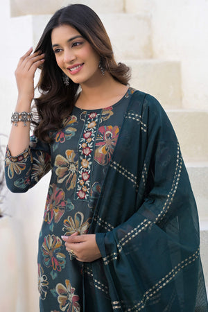 Stylish Bottle Green Viscose  Straight Salwar Suit with Floral Pattern