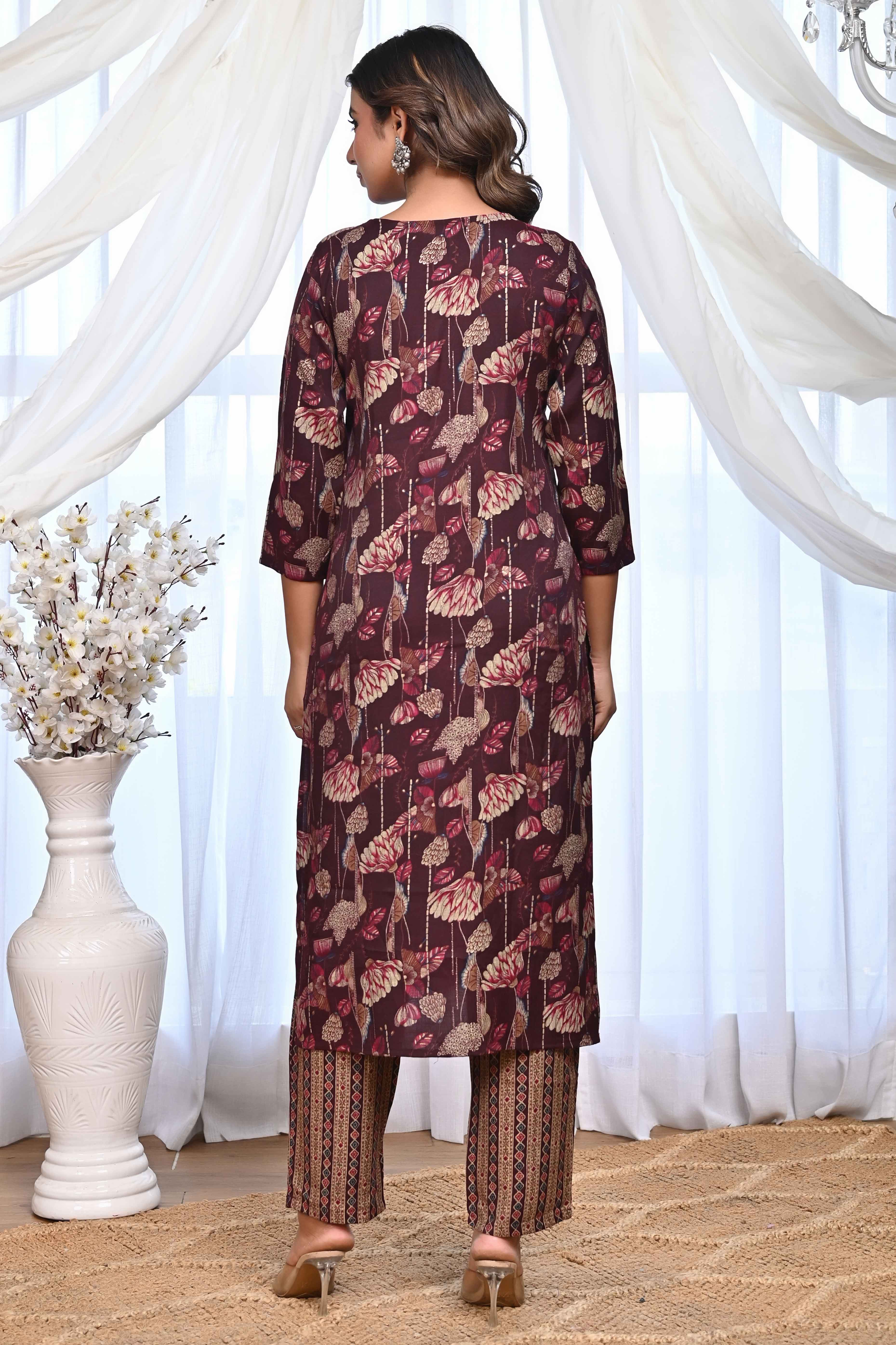 Elegant Wine Rayon Salwar Suit With Floral Prints & Mirror Thread Embellishments