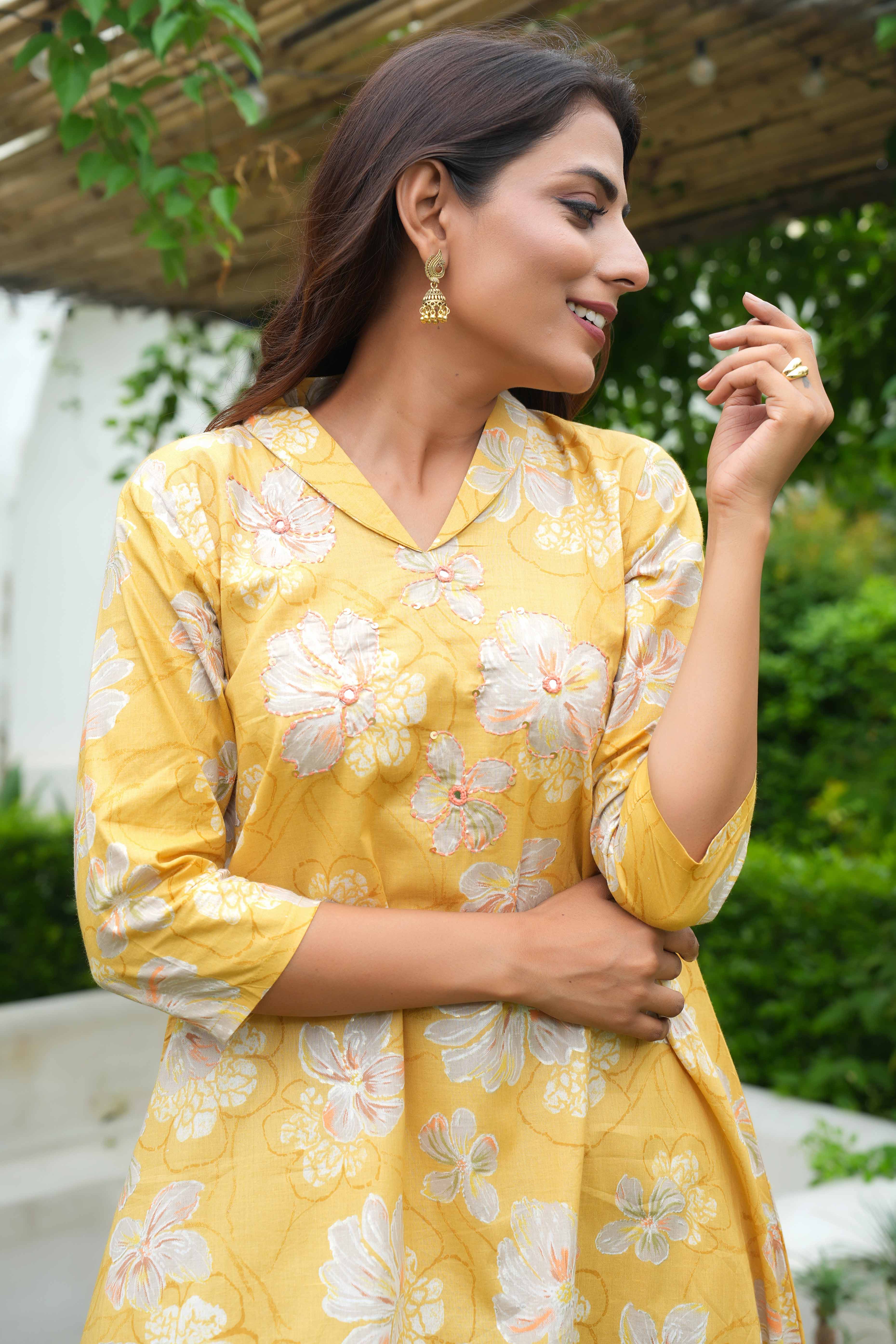 Yellow Co-Ord Set in Pure Cotton with Floral Print & Hand Embroidery