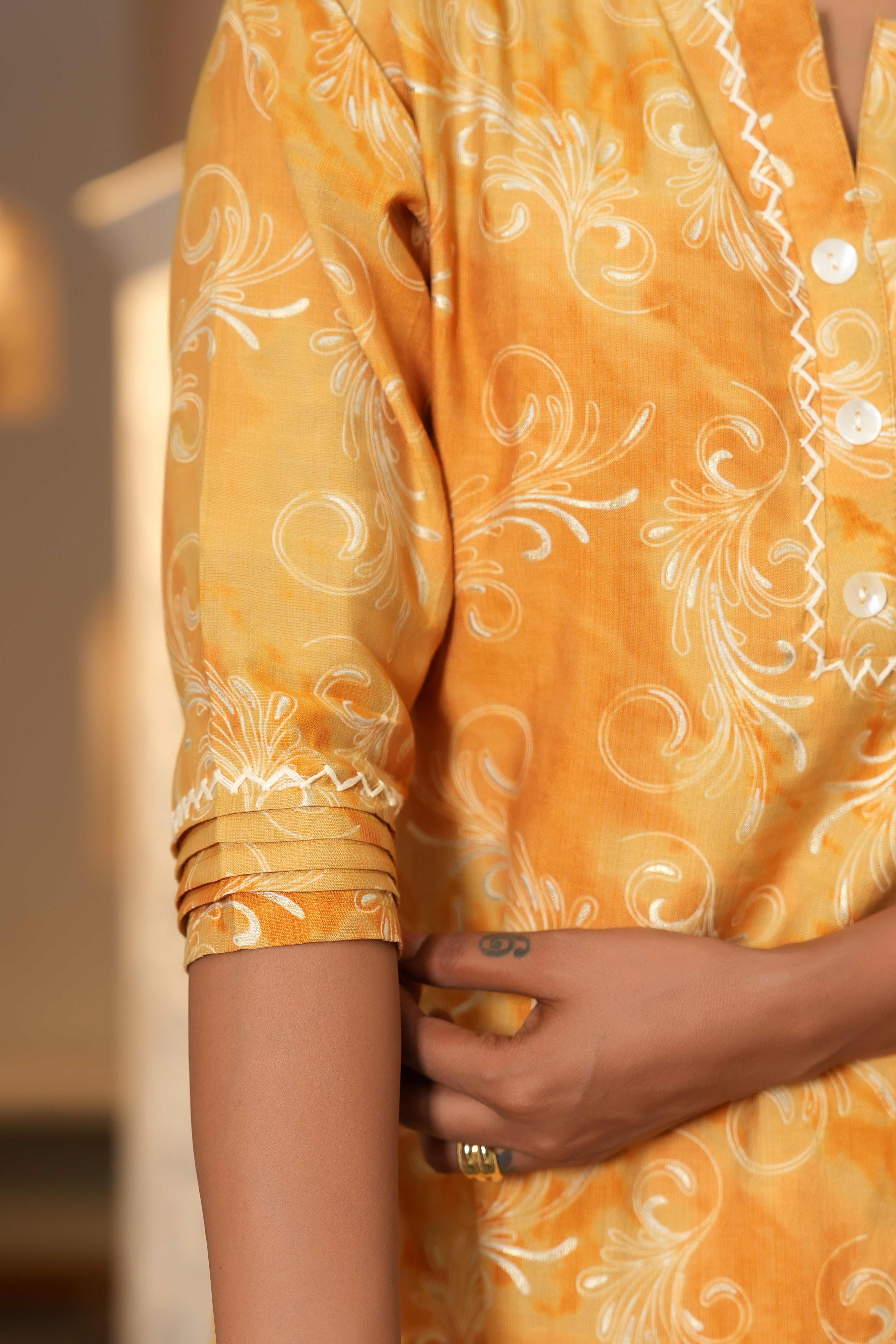 Floral Printed Mustard Capsule Rayon Kurti in Straight Fit