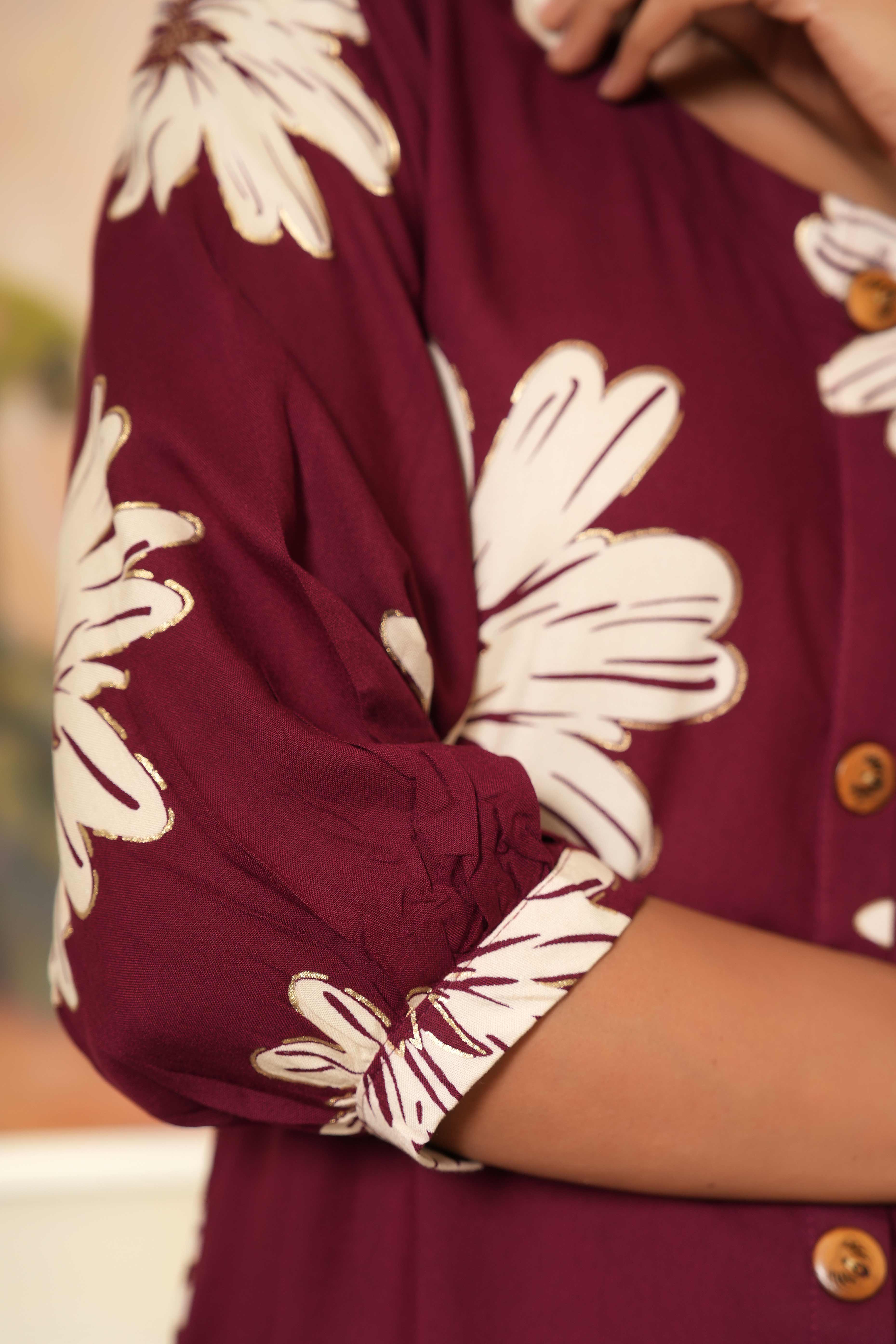 Maroon Printed Rayon Kurti in Flattering A-Line Fit