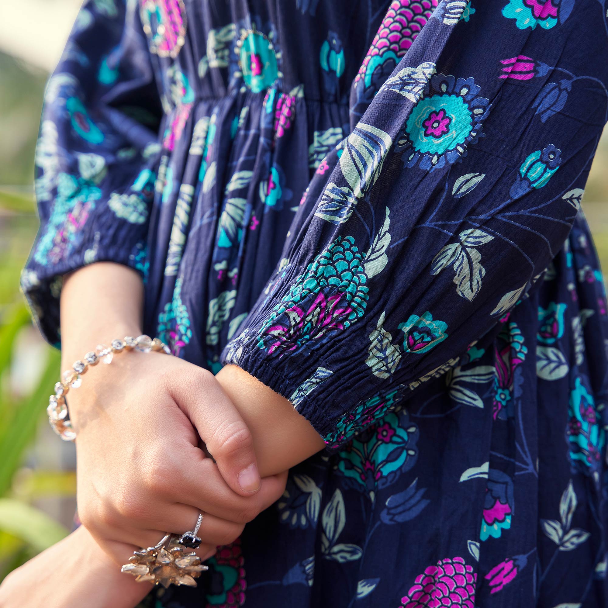 Navy Blue Floral Printed Pure Cotton Dress