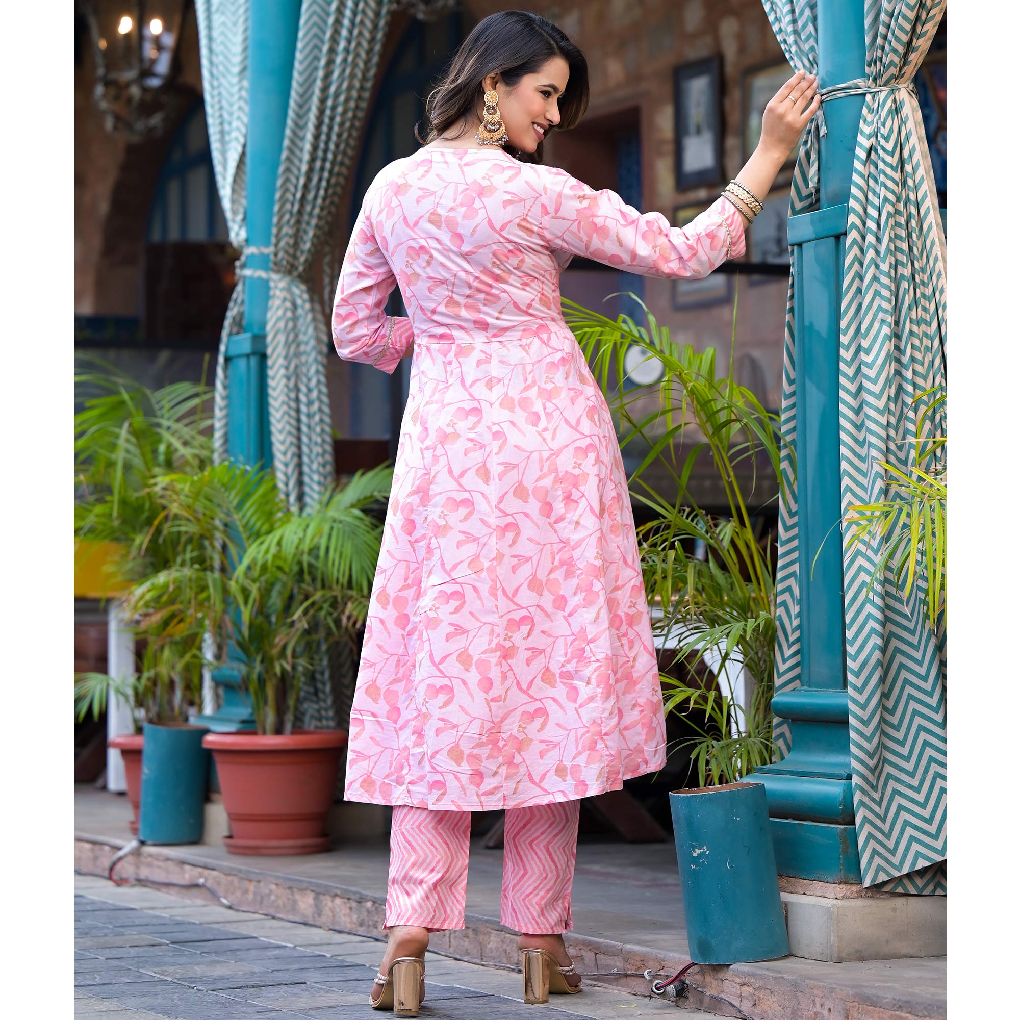 Peach Printed Pure Cotton A-Line Salwar Suit