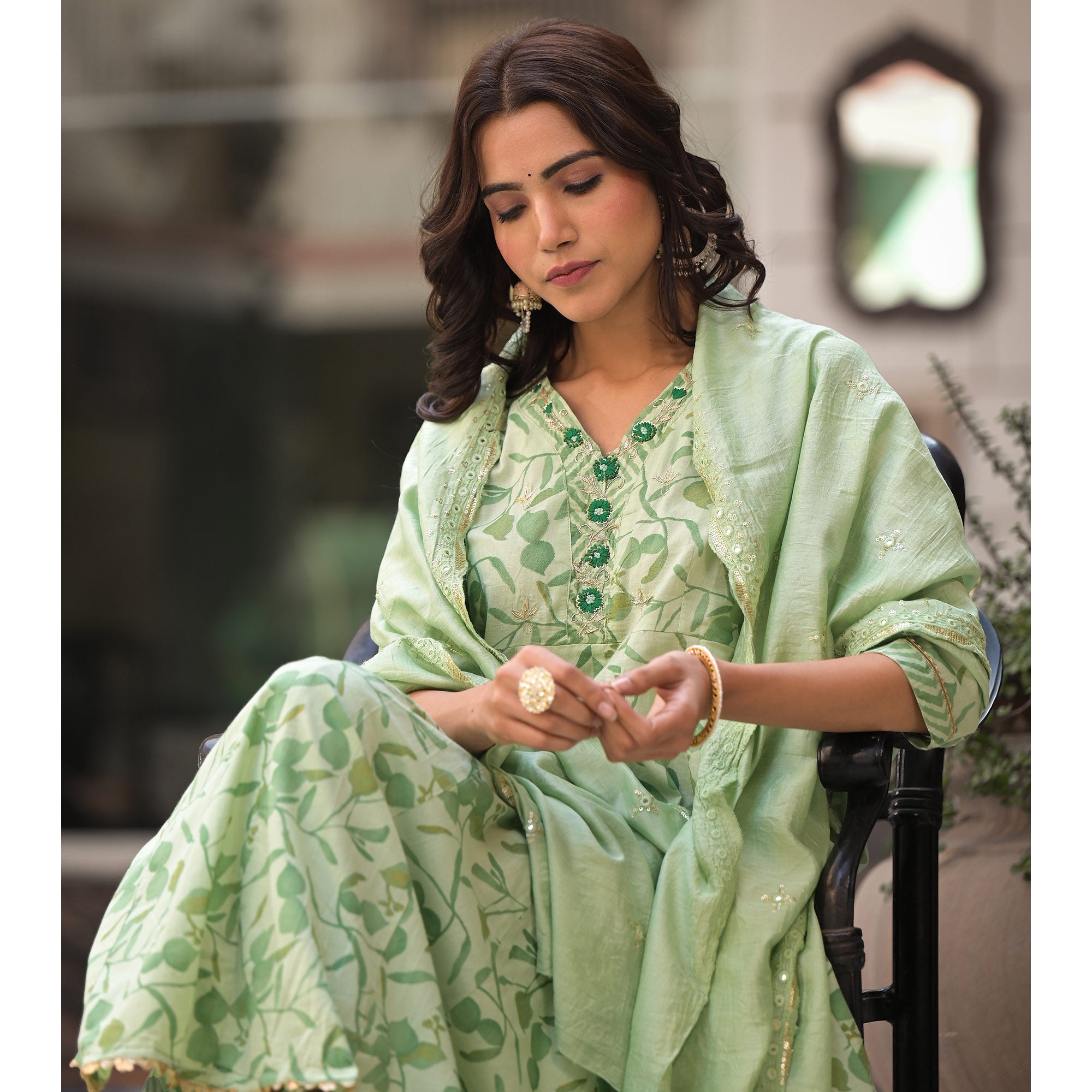 Pista Green Printed Pure Cotton A-Line Salwar Suit