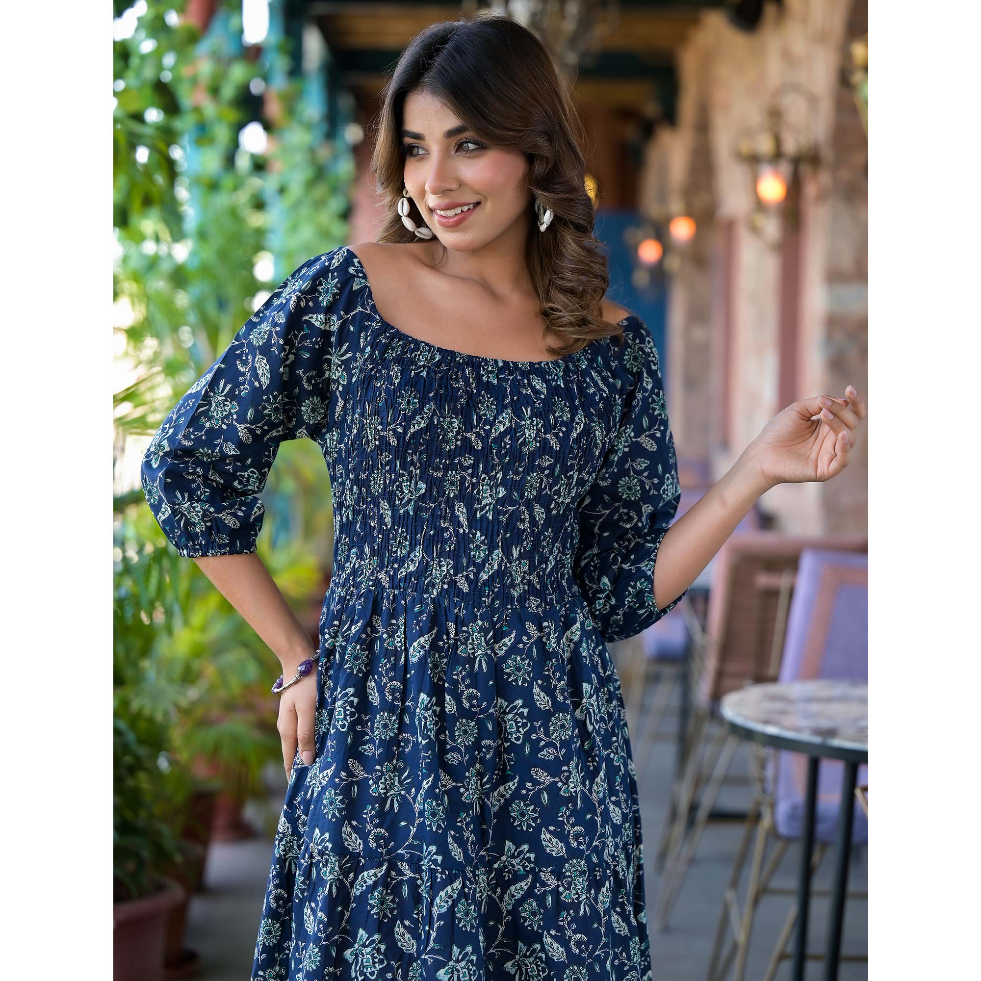 Navy Blue Floral Printed Pure Cotton Maxi Dress