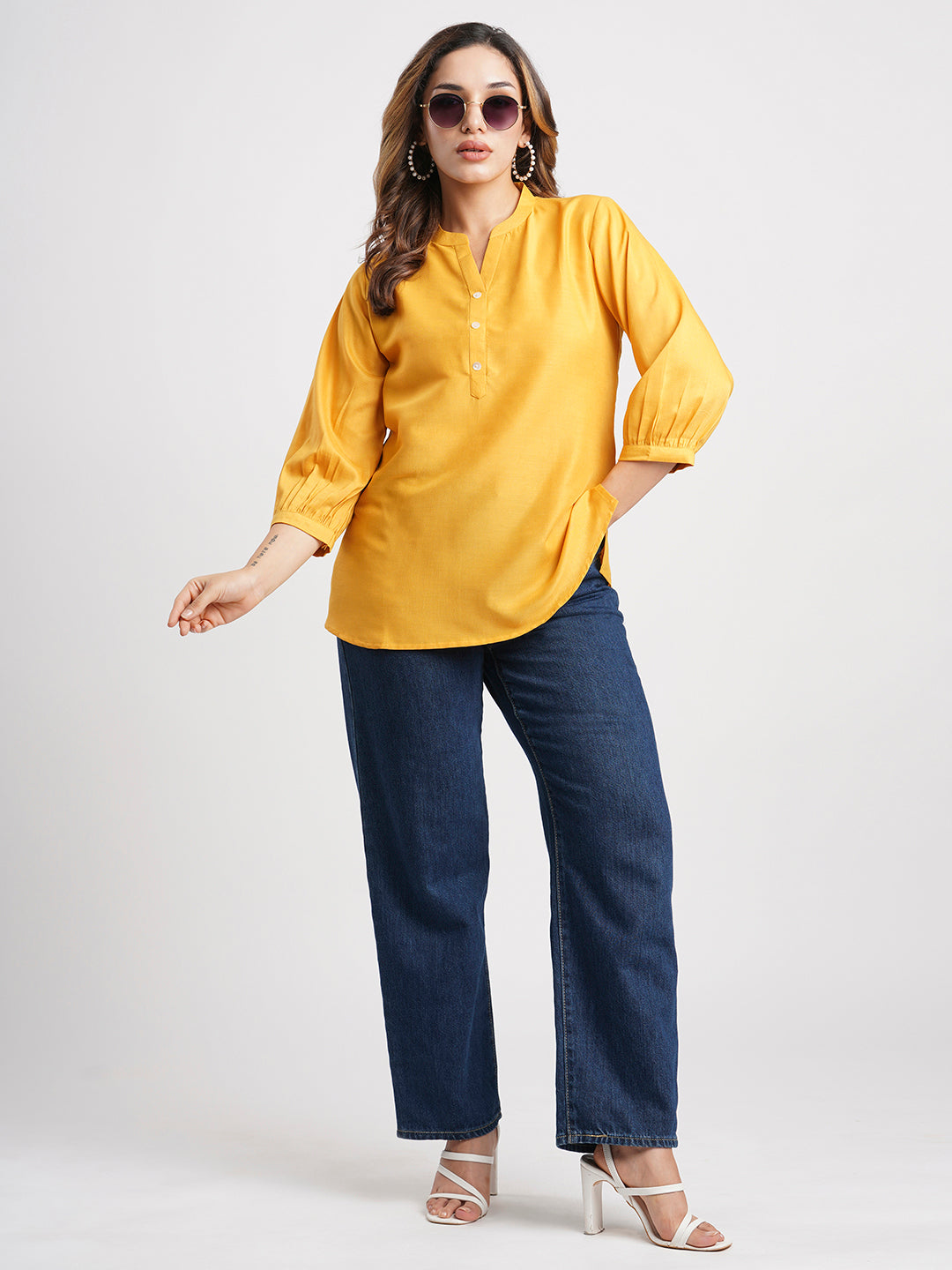 Mustard Solid Poly Chinon Straight Top