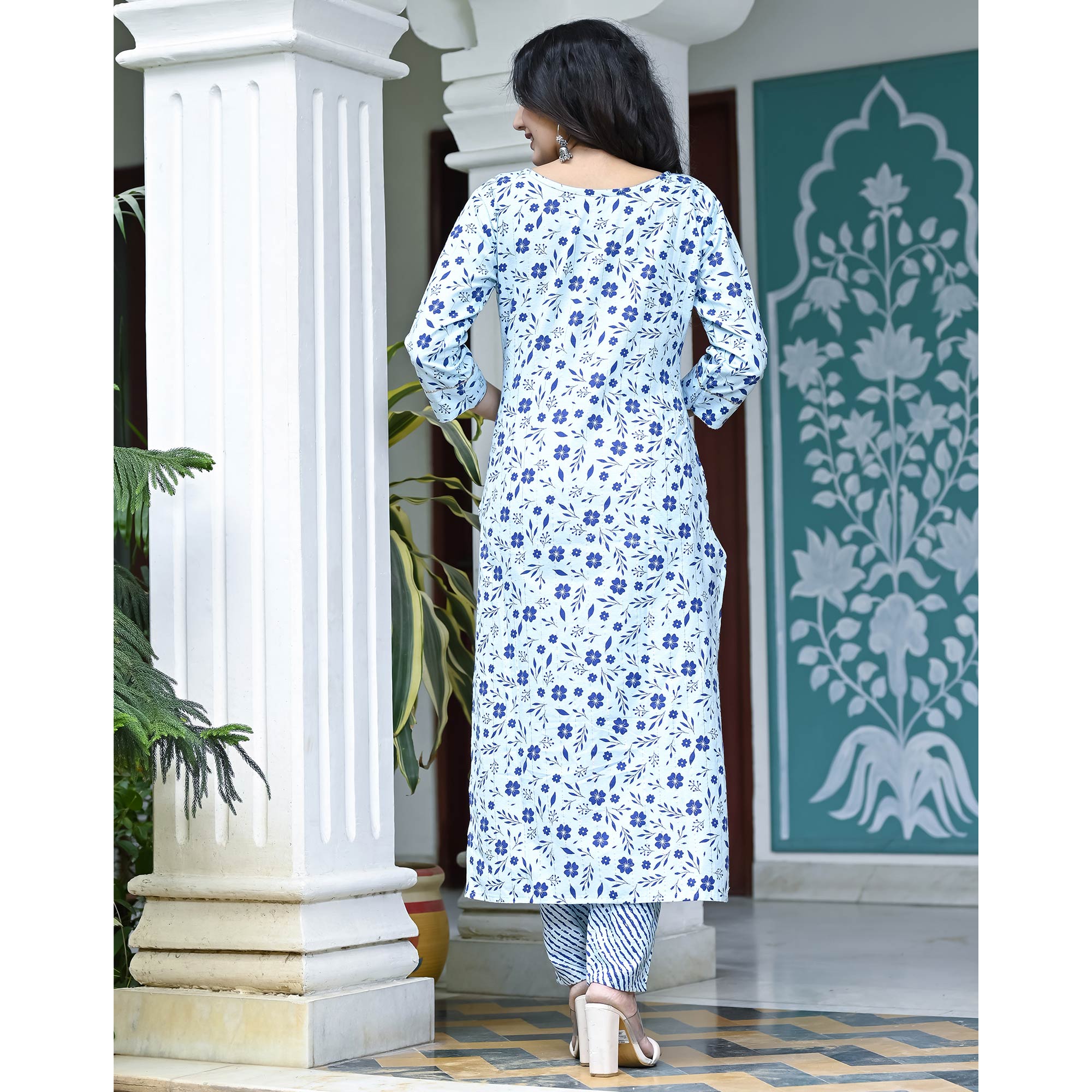 Light Blue Floral Printed Pure Cotton Suit