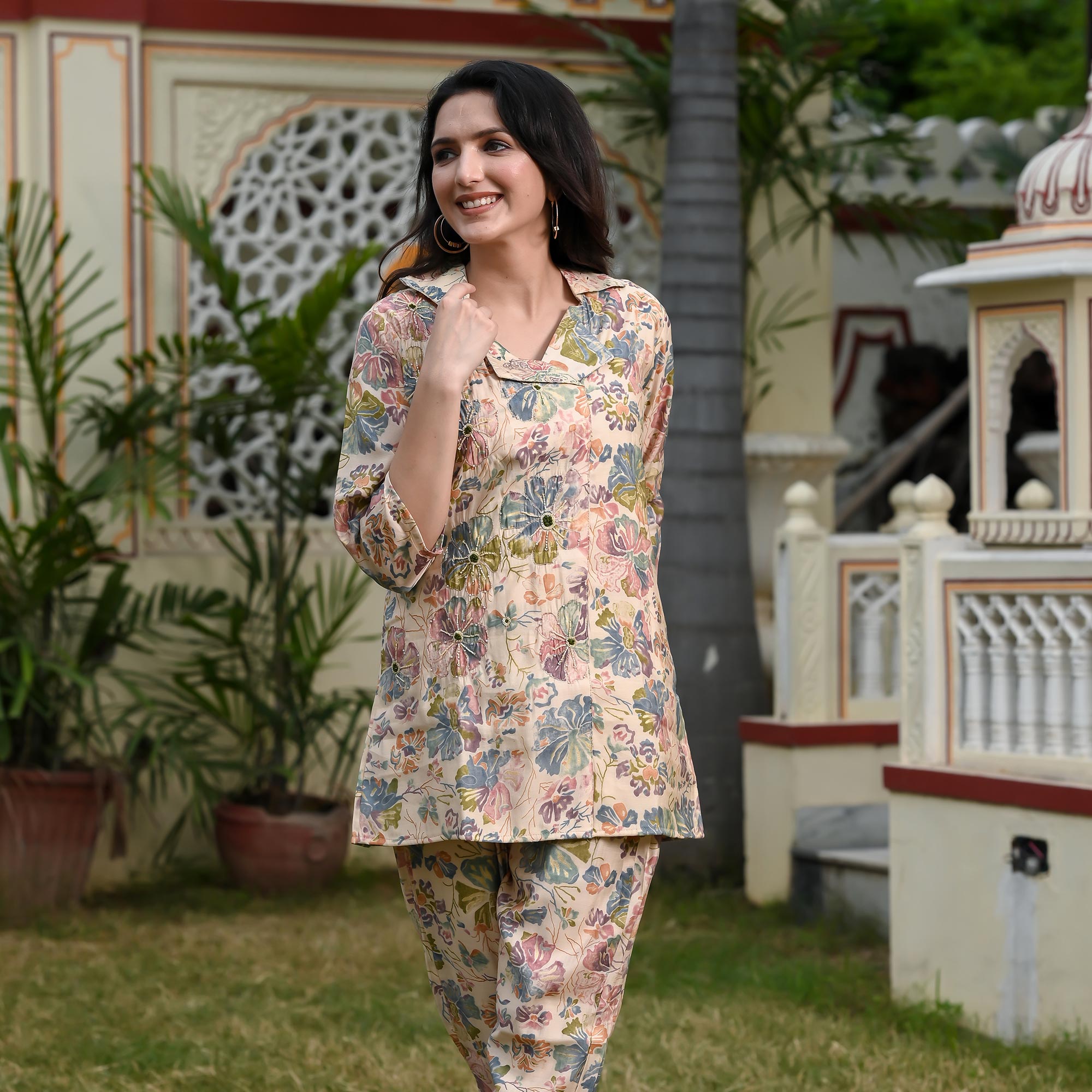 Cream Floral Printed Muslin Co Ord Set