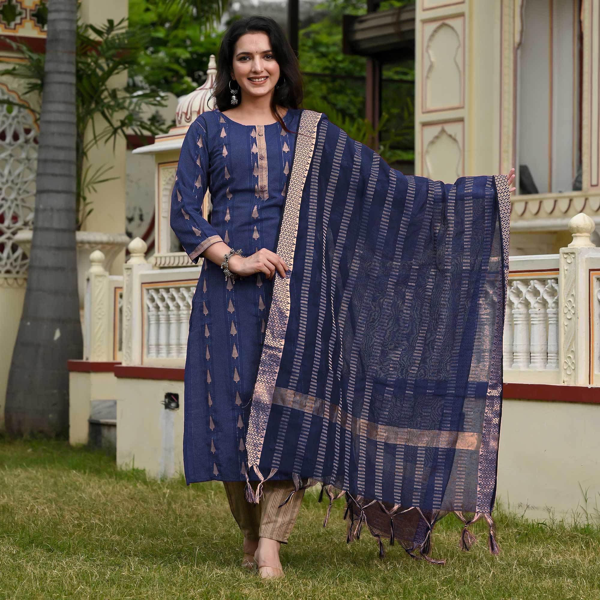 Navy Blue Woven Cotton Blend Salwar Suit