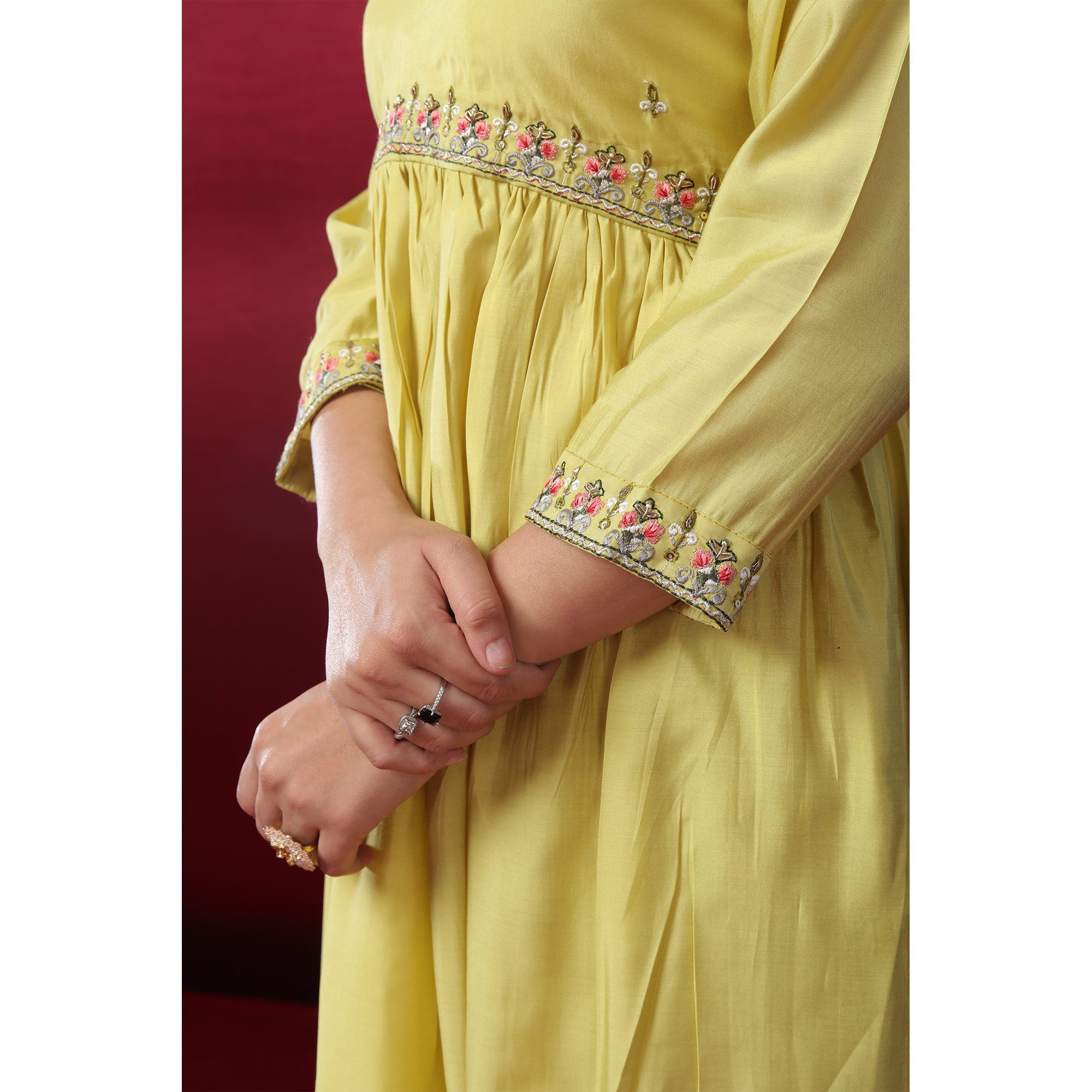 Lemon Green Floral Embroidered Pure Silk Anarkali Suit