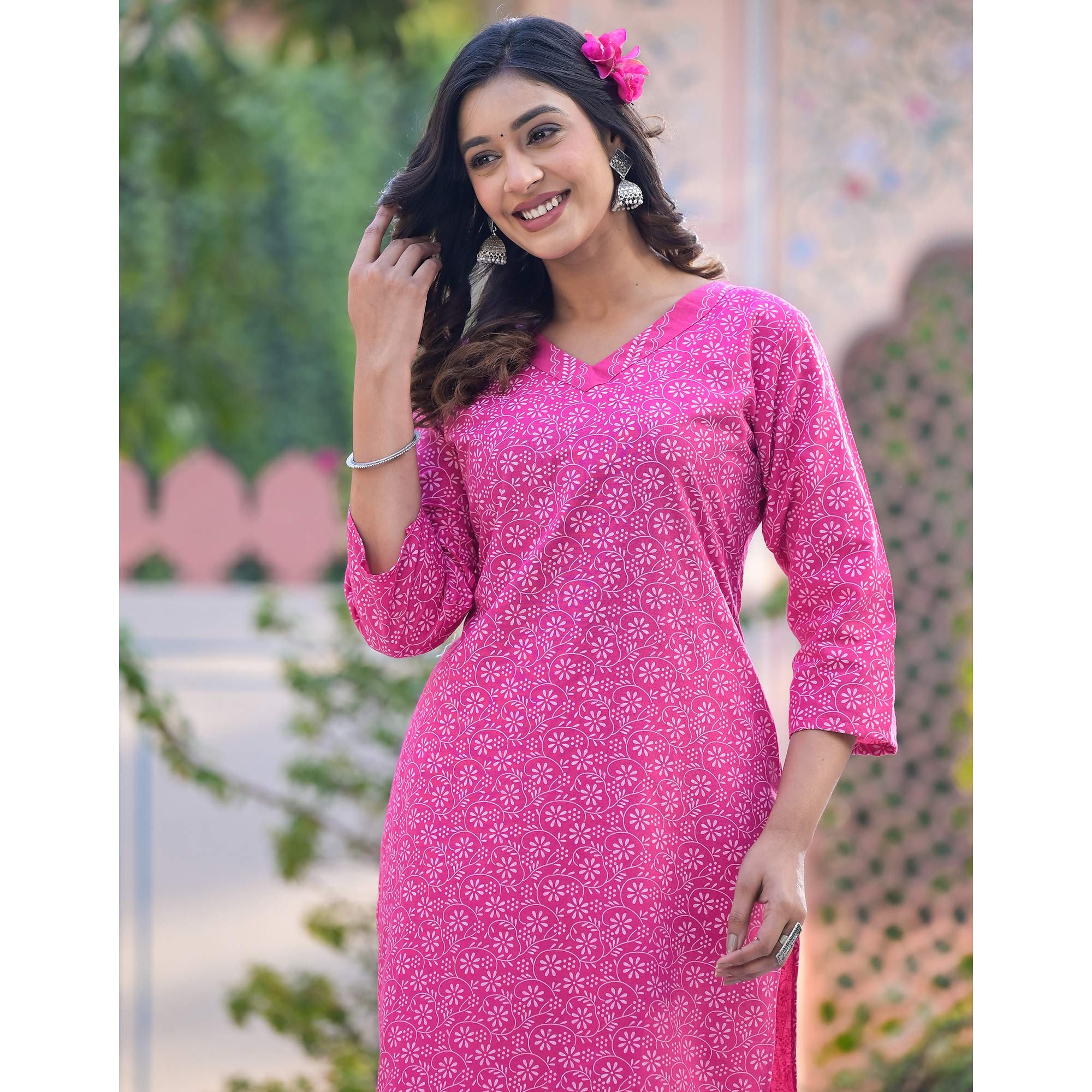 Pink Printed Pure Cotton Straight Kurti Sets