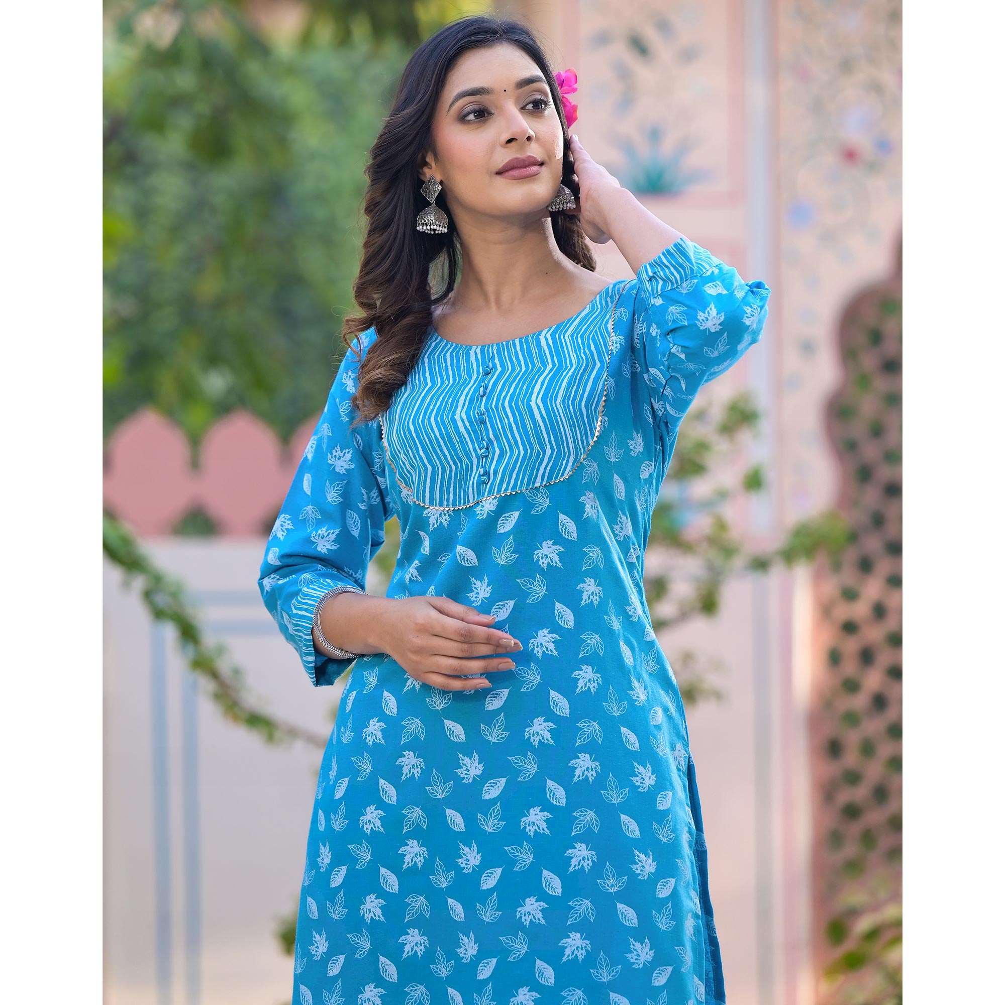 Blue Printed Pure Cotton Straight Kurti Sets