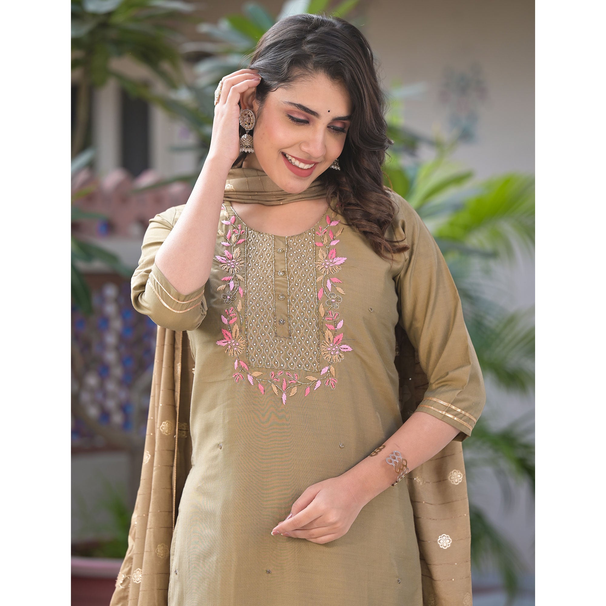 Chikoo Embroidered Chinon Salwar Suit With Handwork