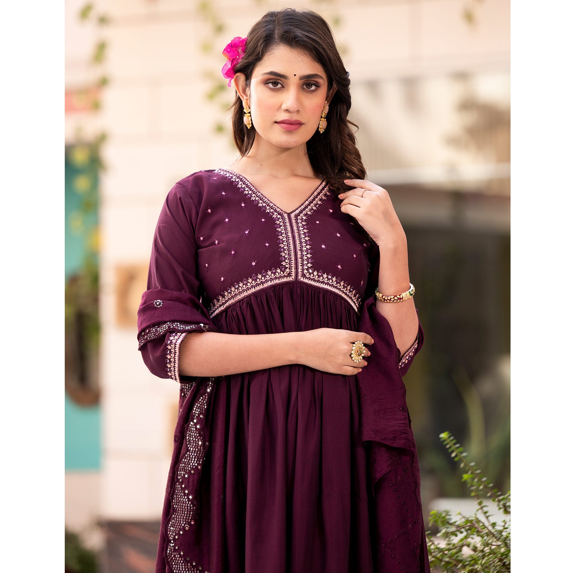 Wine Embroidered Pure Silk Alia Cut Salwar Suit