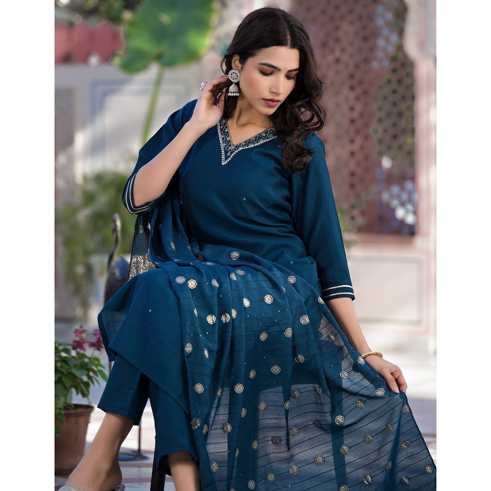 Blue Embroidered Pure Silk Straight Salwar Suit