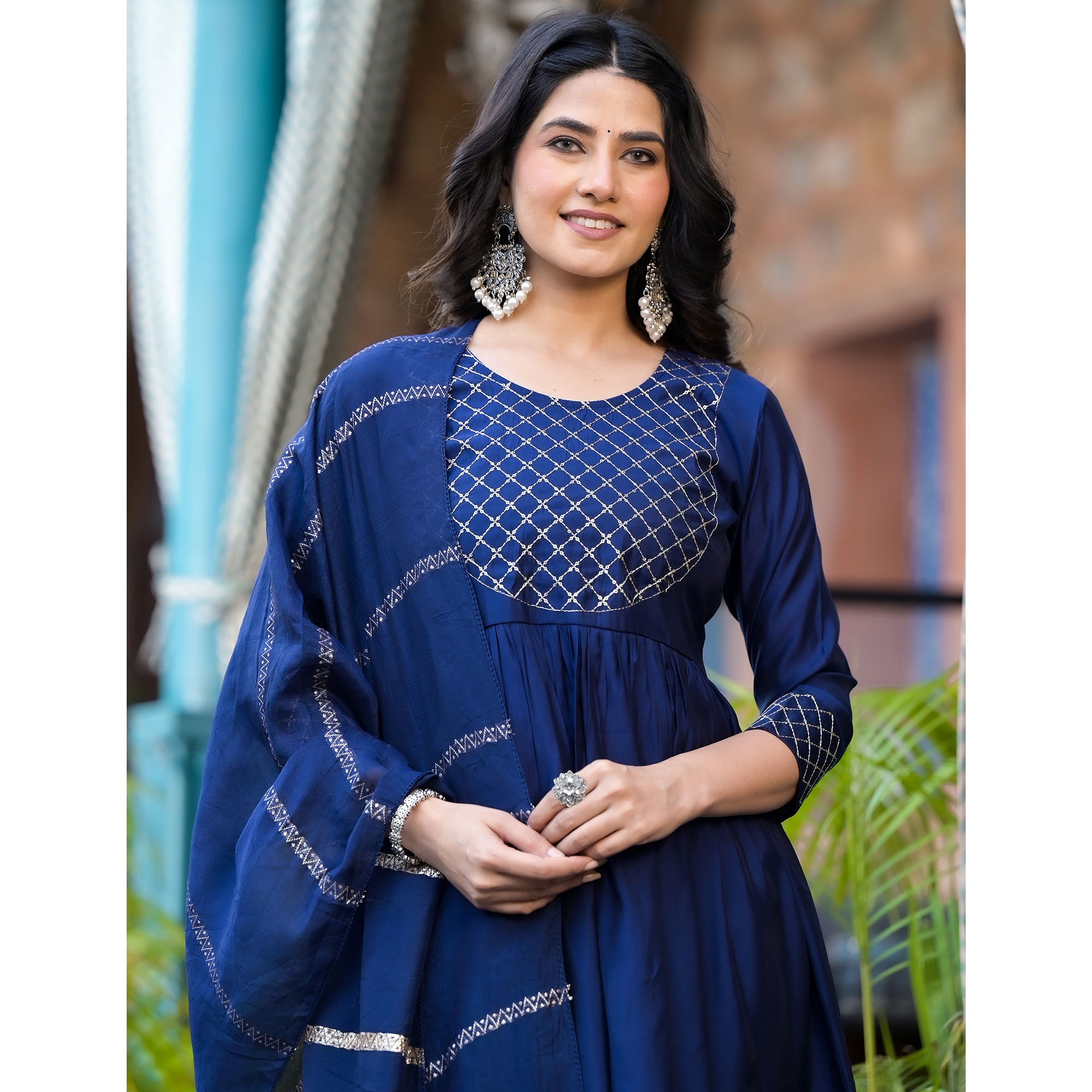 Blue Embroidered Pure Silk Naira Cut Salwar Suit