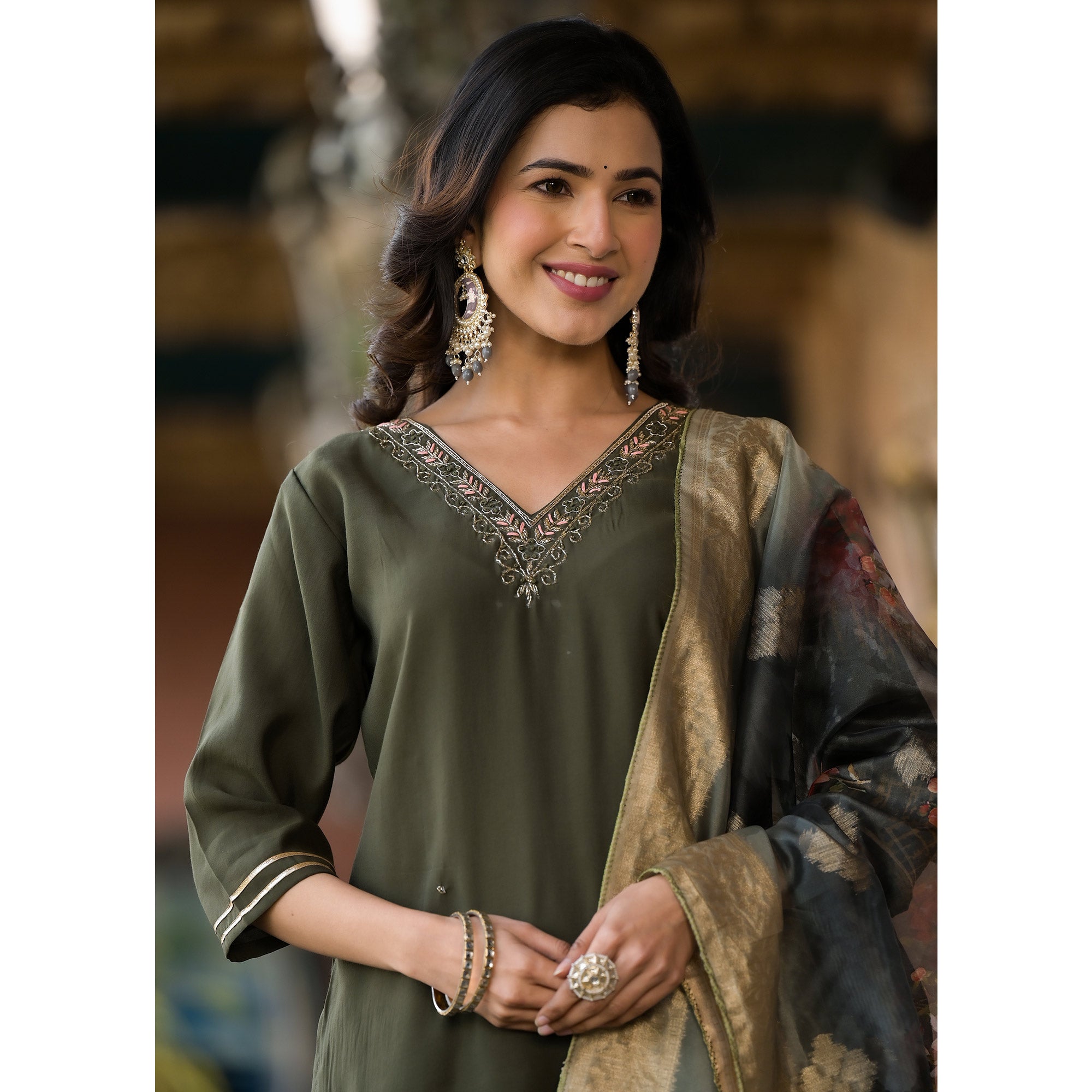 Olive Green Embroidered Pure Silk Salwar Suit With Handcrafted