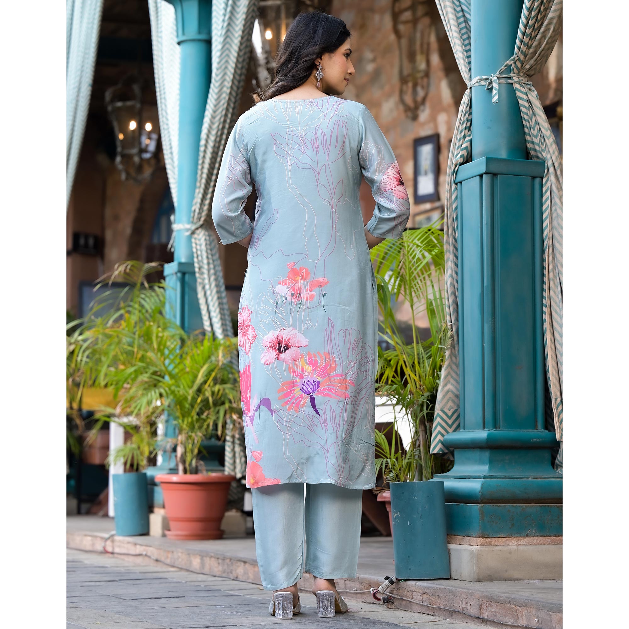 Country Blue Floral Printed Viscose Salwar Suit With Beads Work