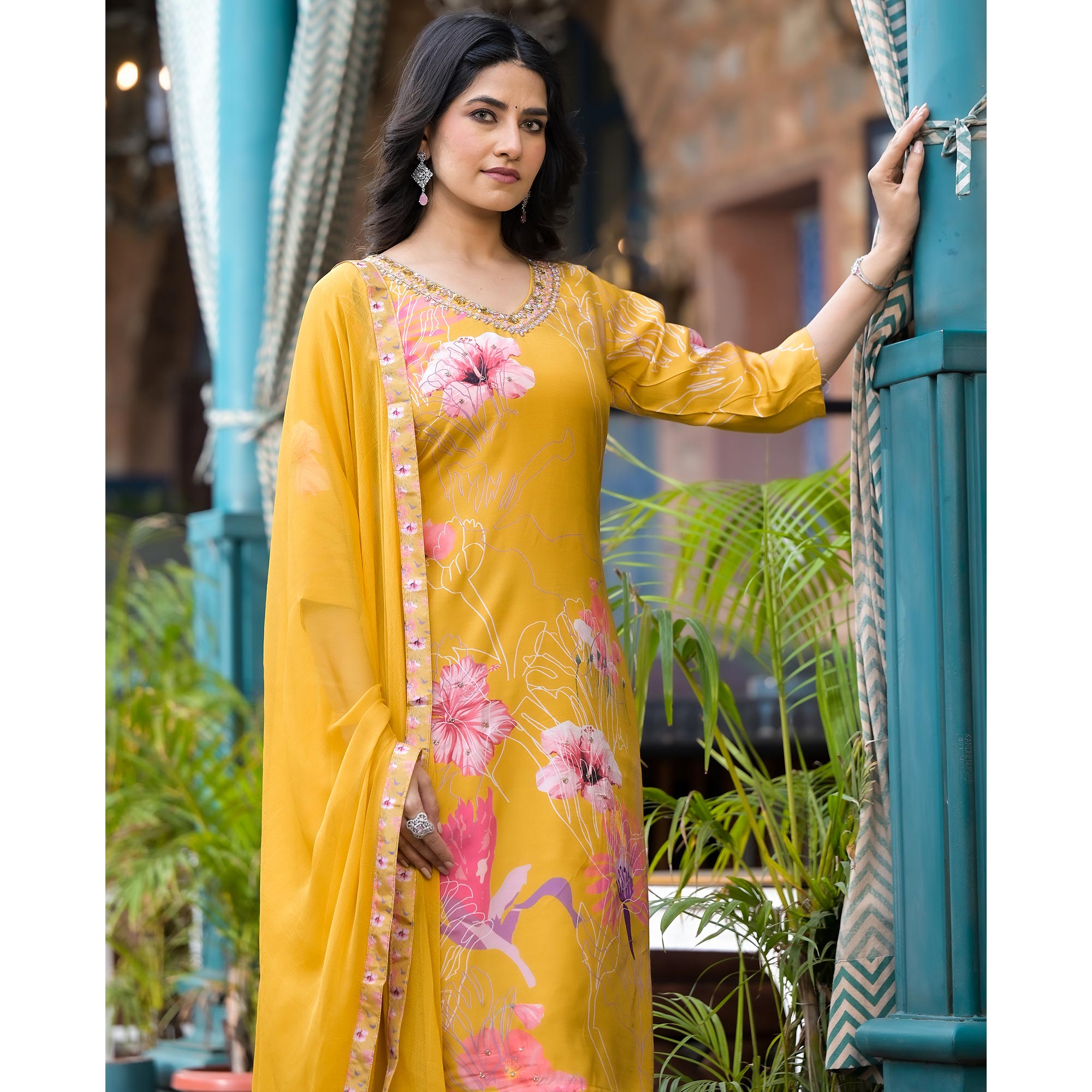 Mustard Floral Printed Viscose Salwar Suit With Beads Work