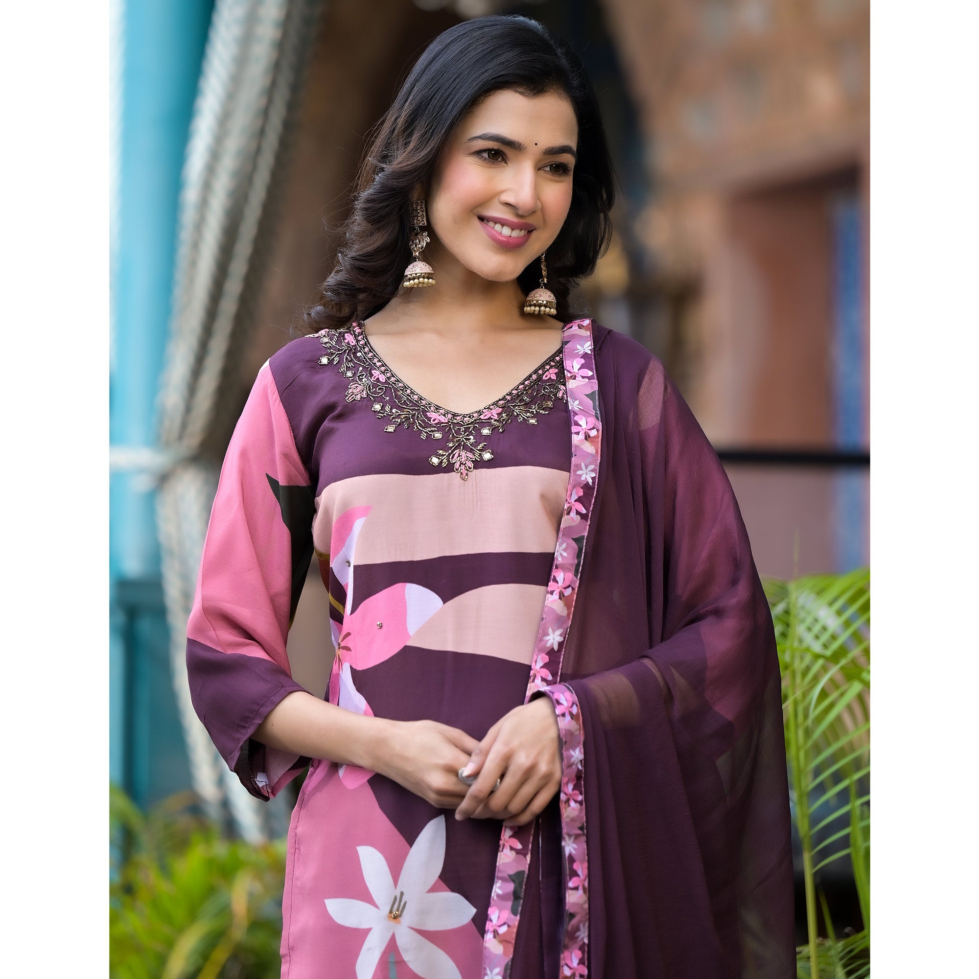 Purple Floral Printed Viscose Salwar Suit With Beads Work