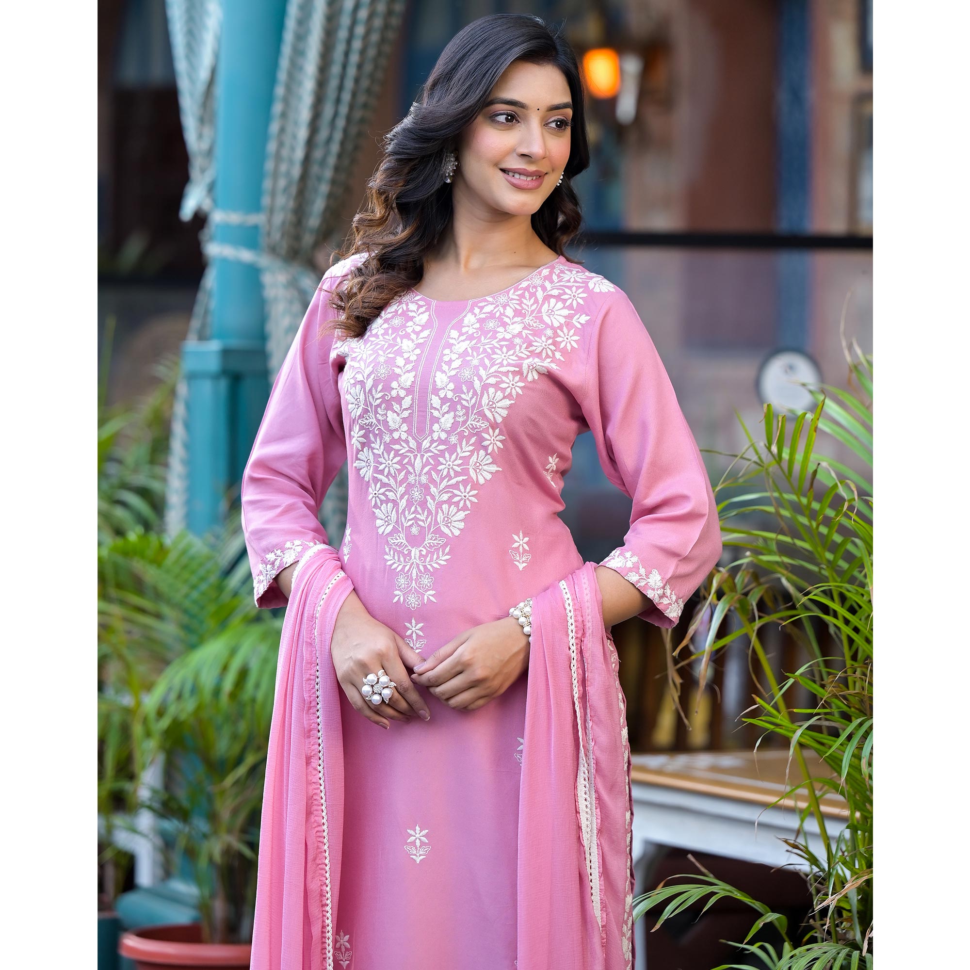 Pink Lucknowi Embroidered Rayon Salwar Suit