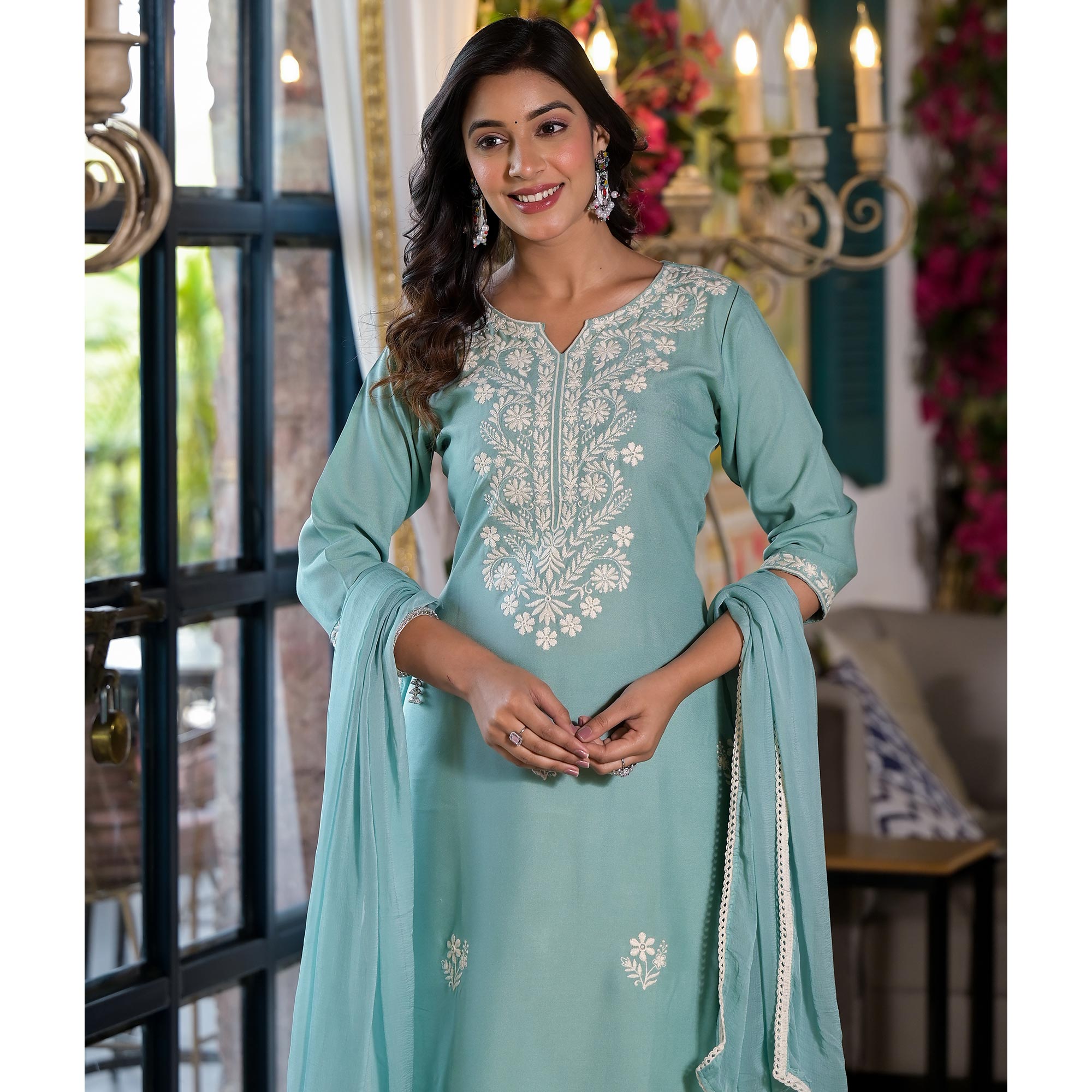 Sky Blue Lucknowi Embroidered Rayon Salwar Suit