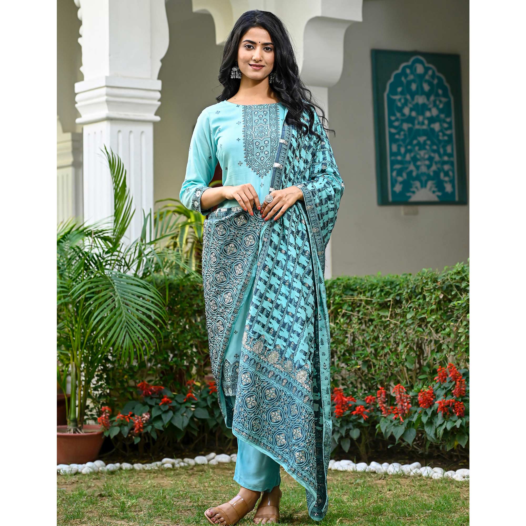 Turquoise Floral Woven Viscose Salwar Suit