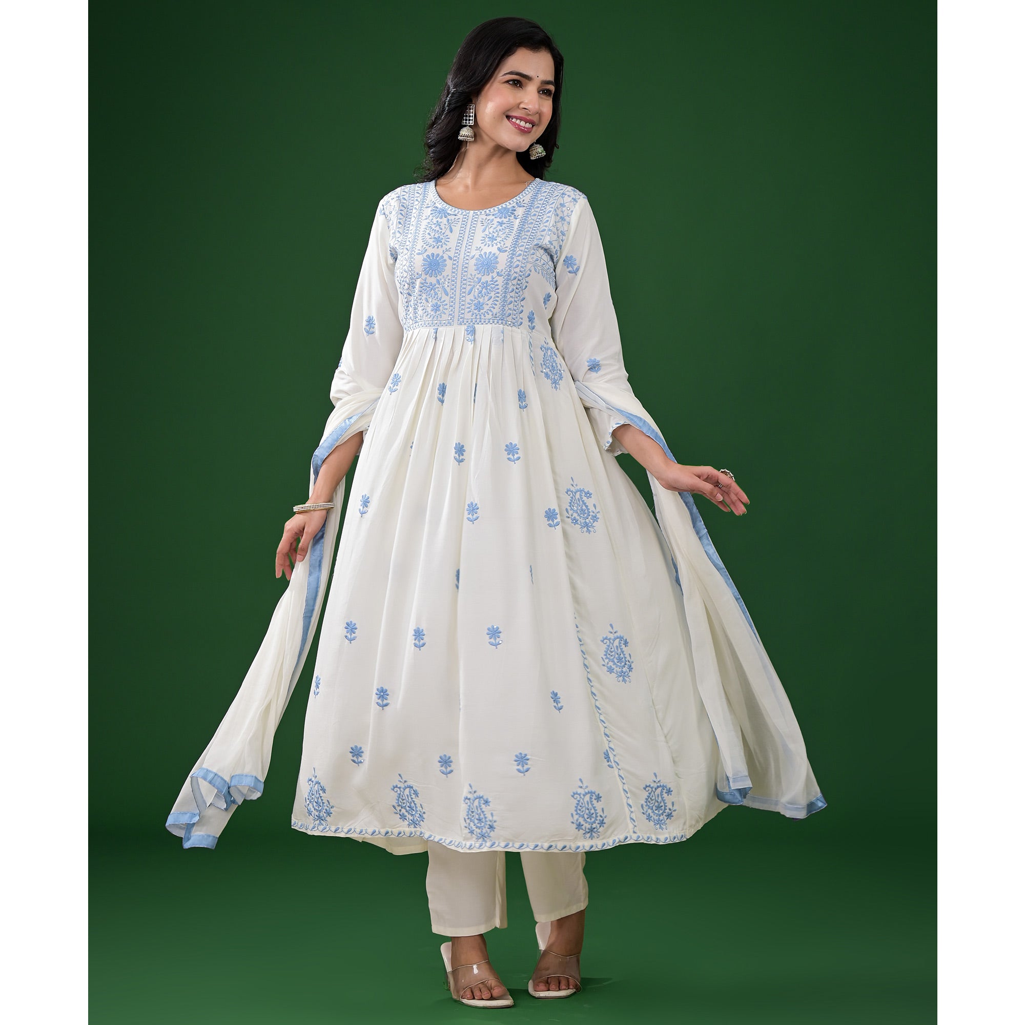 White Floral Embroidered Rayon A-Line Salwar Suit