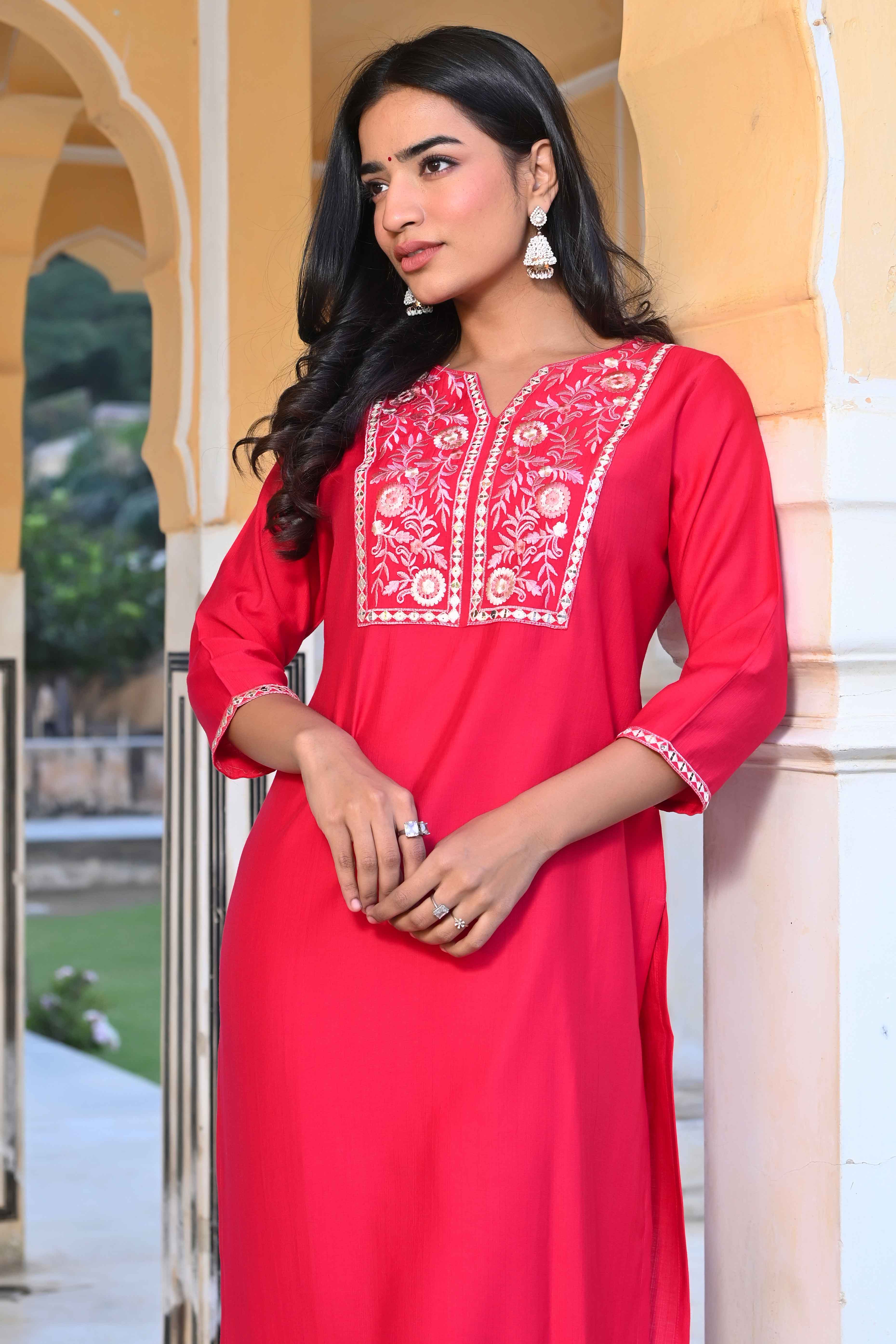 Pink Yoke Embroidered Pure Cotton Straight Kurti