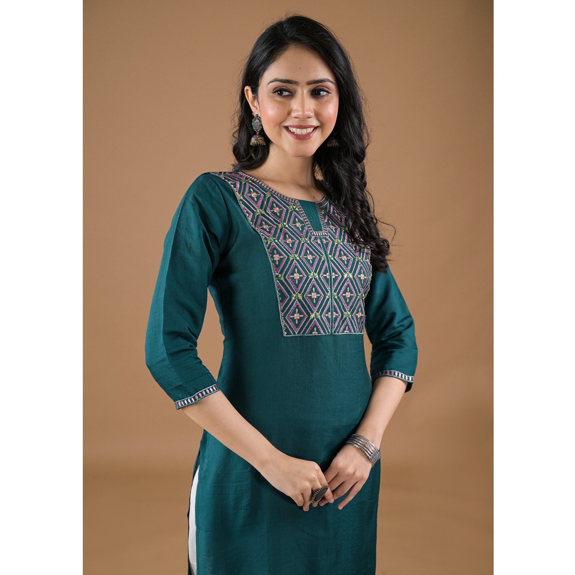 Green Yoke Embroidered Pure Cotton Straight Kurti