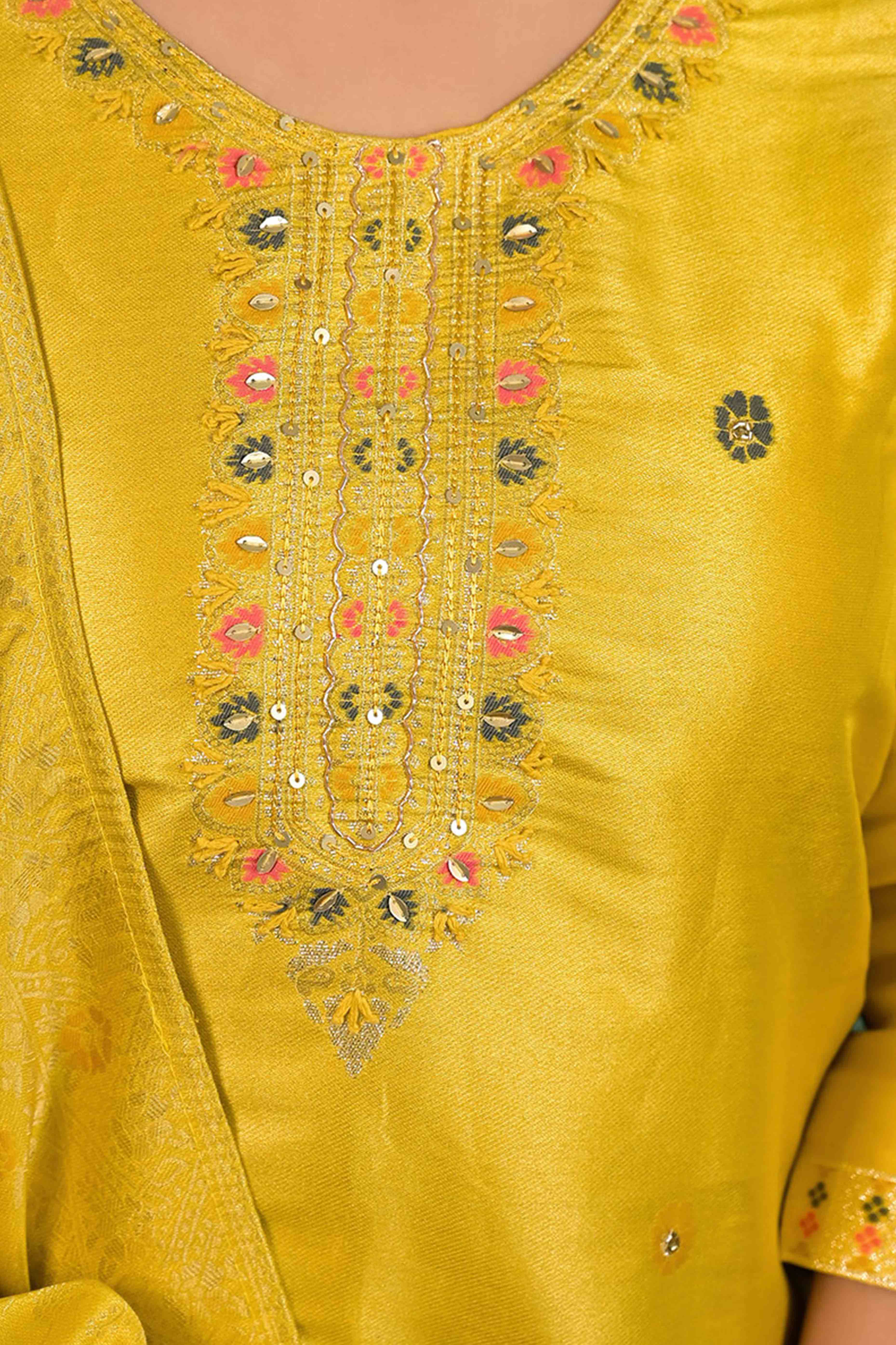 Mustard Floral Woven Dola Silk Salwar Suit