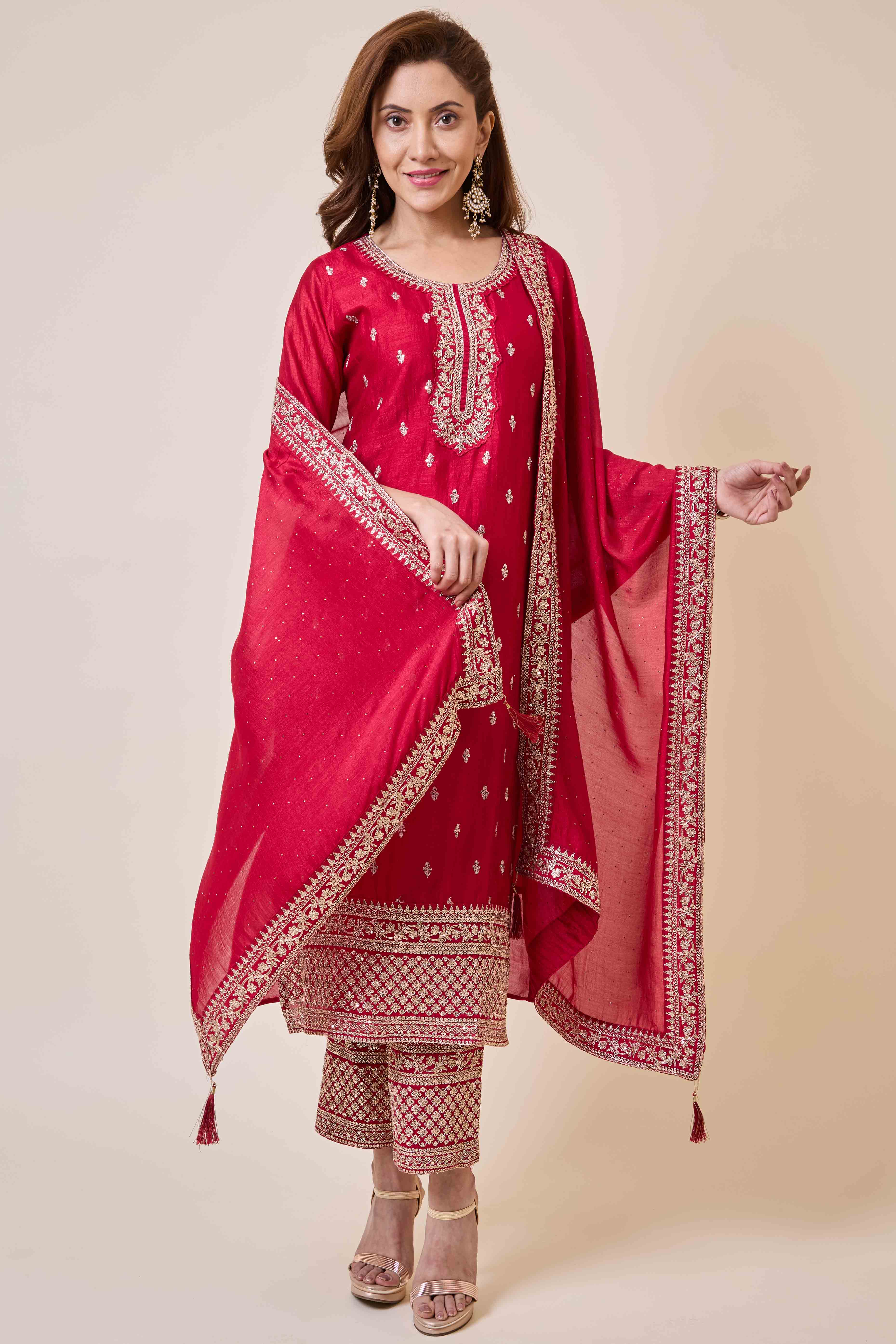 Dark Pink Embroidered Vichitra Silk Salwar Suit