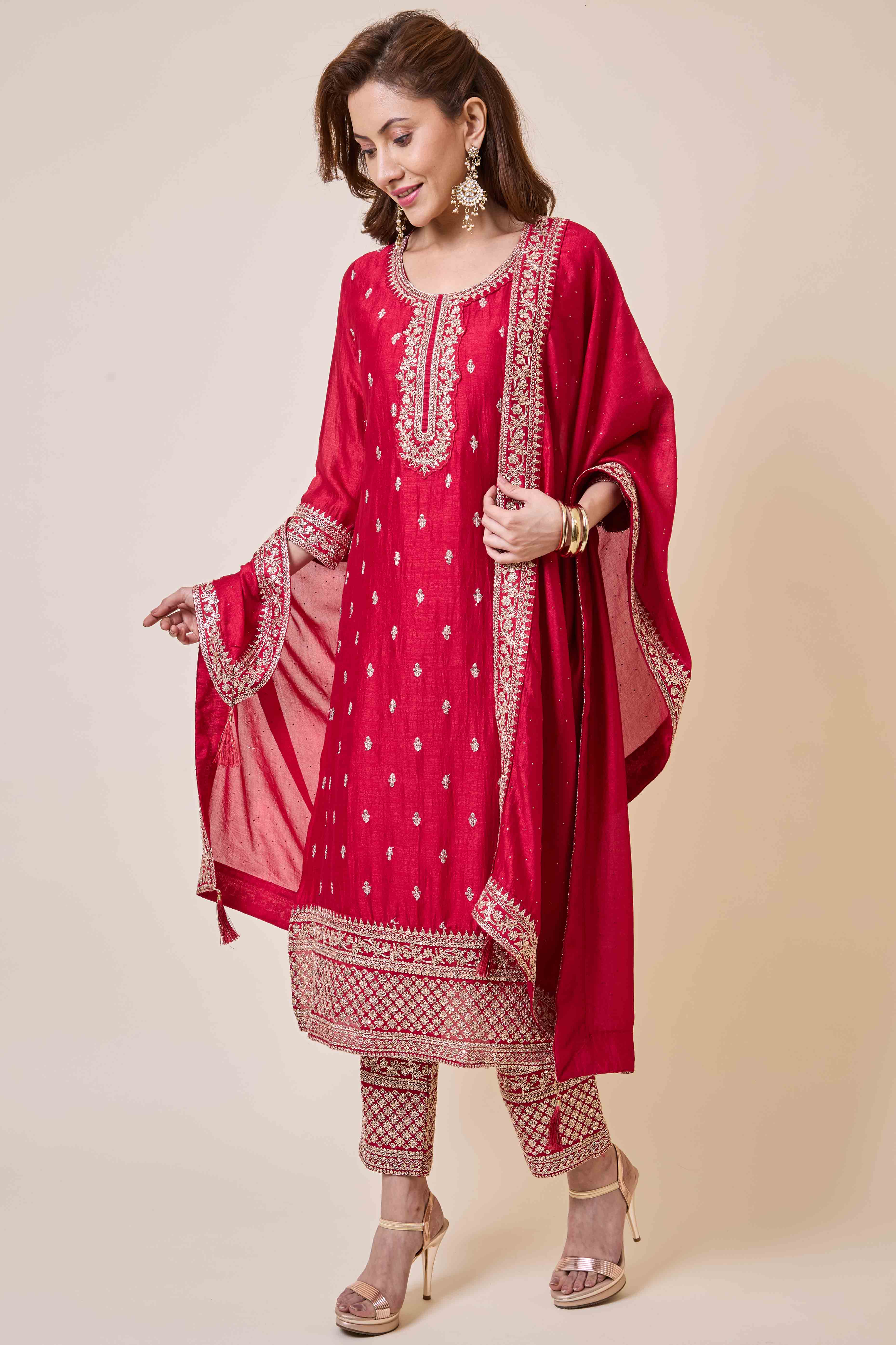 Dark Pink Embroidered Vichitra Silk Salwar Suit