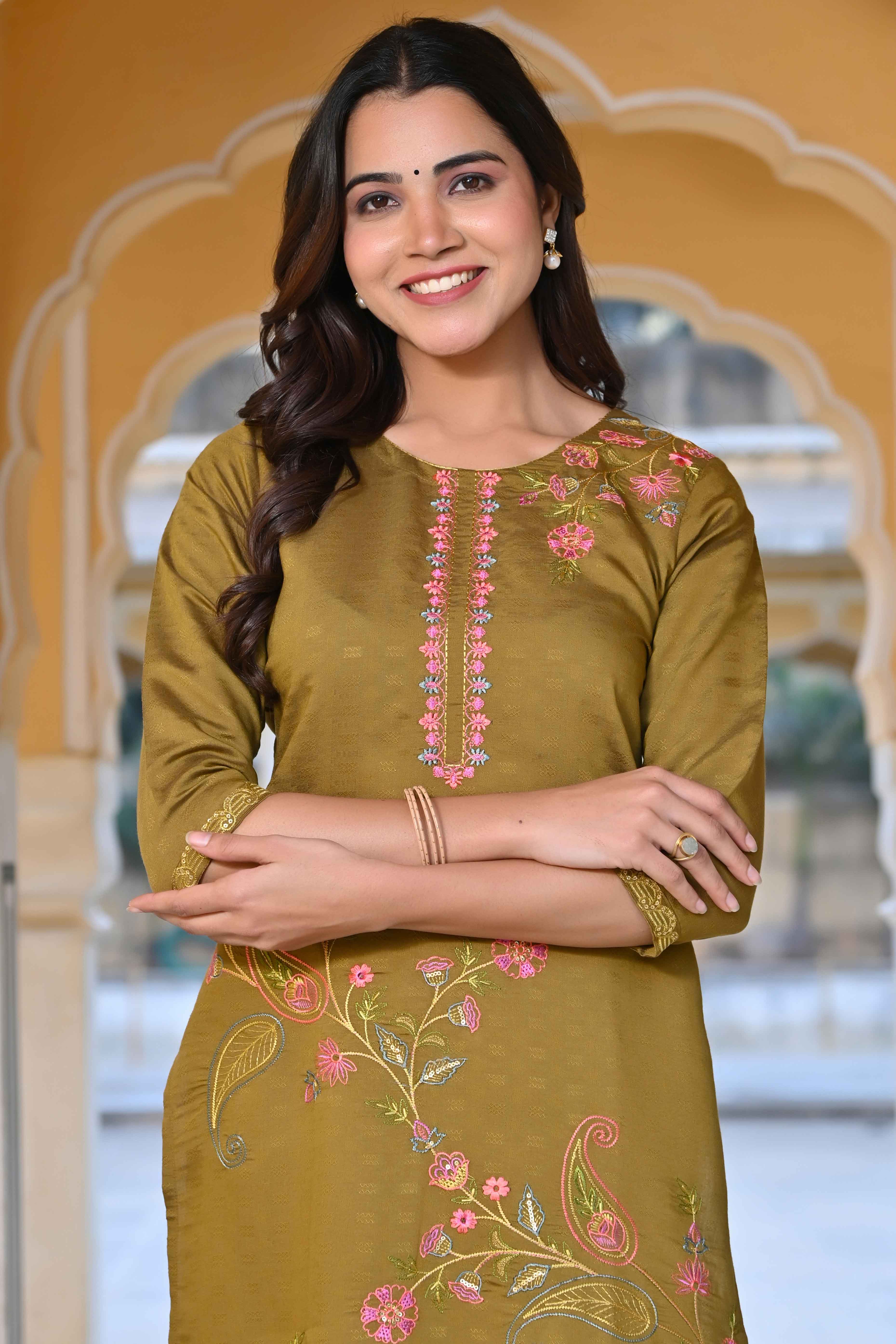 Olive Floral Embroidered Rayon Straight Kurti