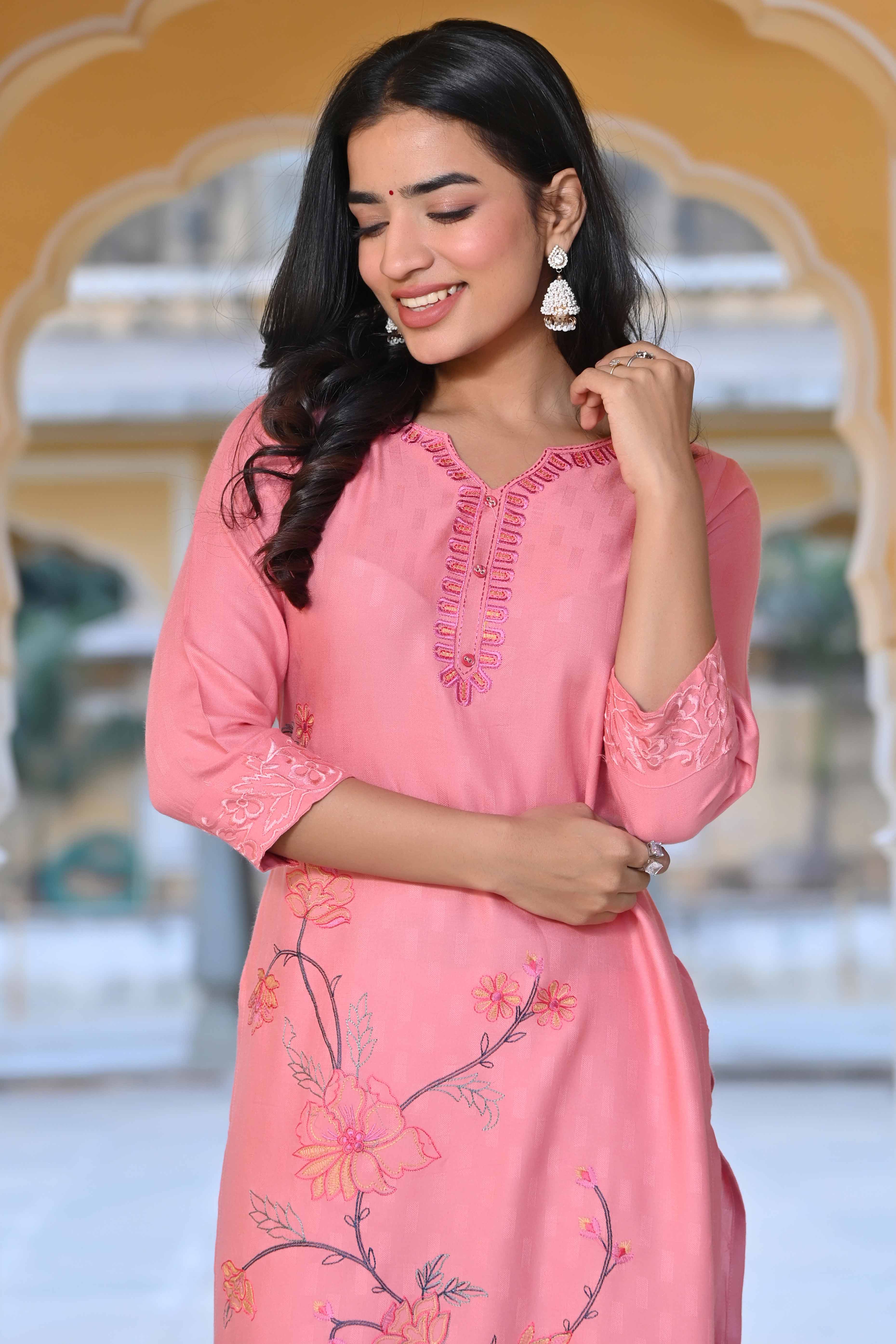 Peach Floral Embroidered Rayon Straight Kurti