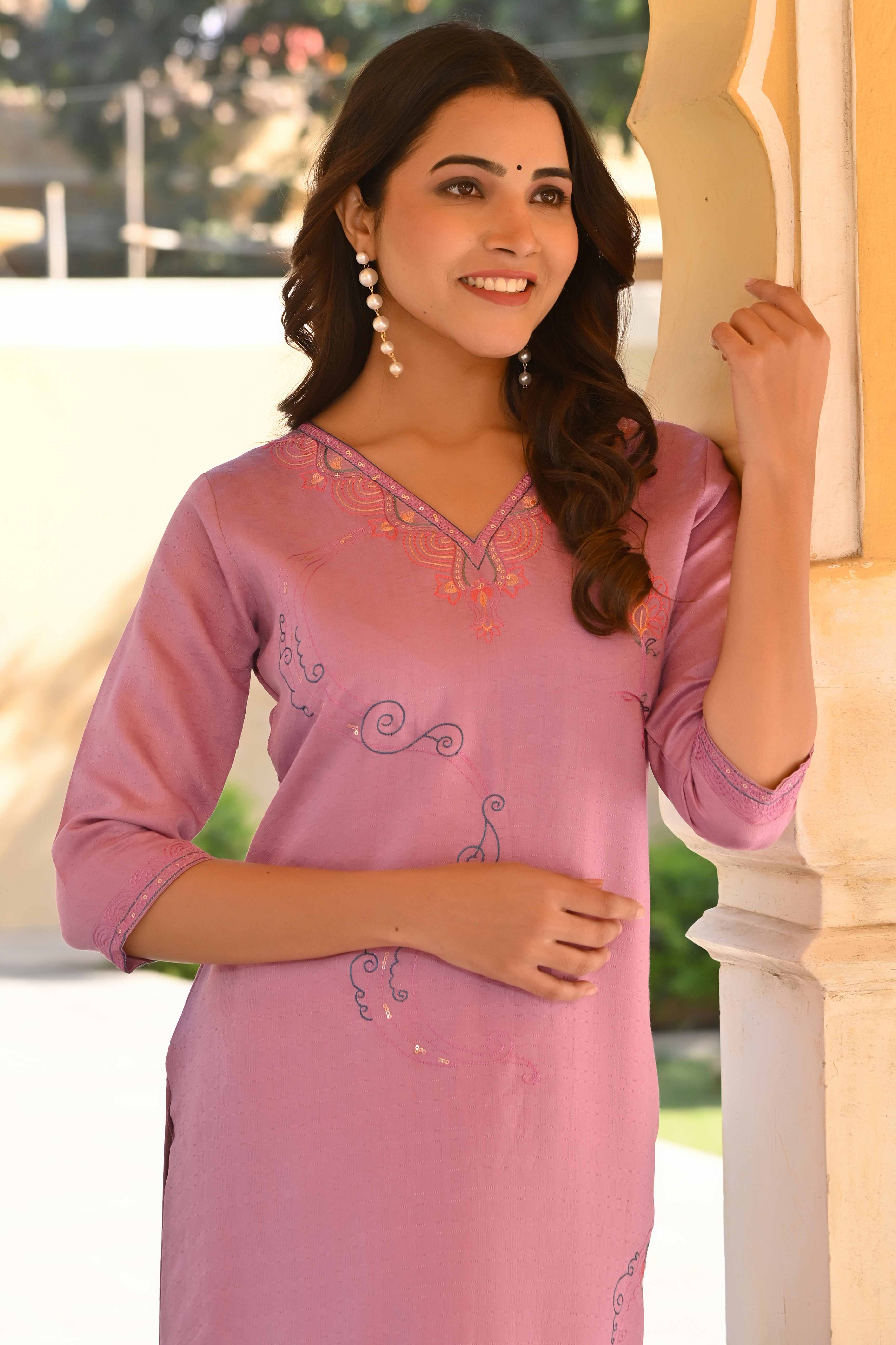 Lavender Floral Embroidered Rayon Straight Kurti