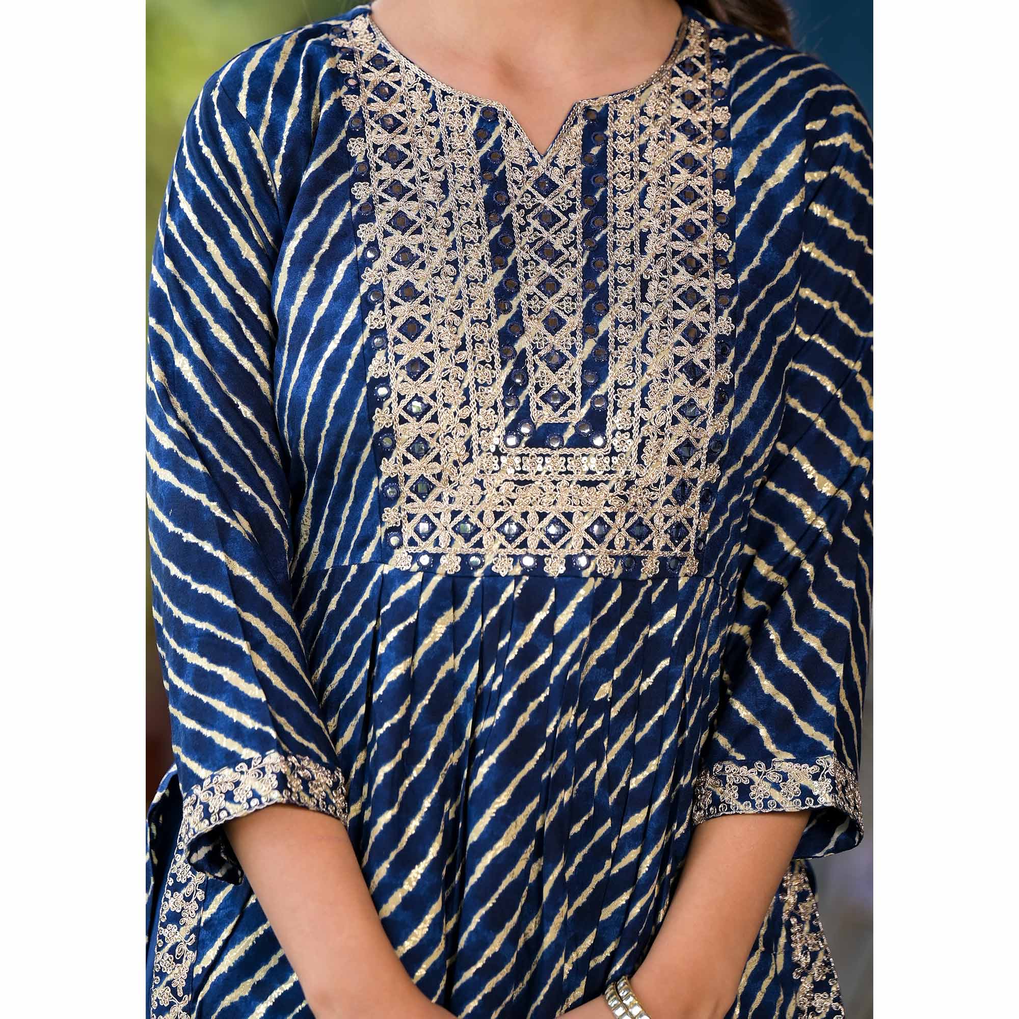 Navy Blue Leheriya Printed Naira Cut Rayon Salwar Suit